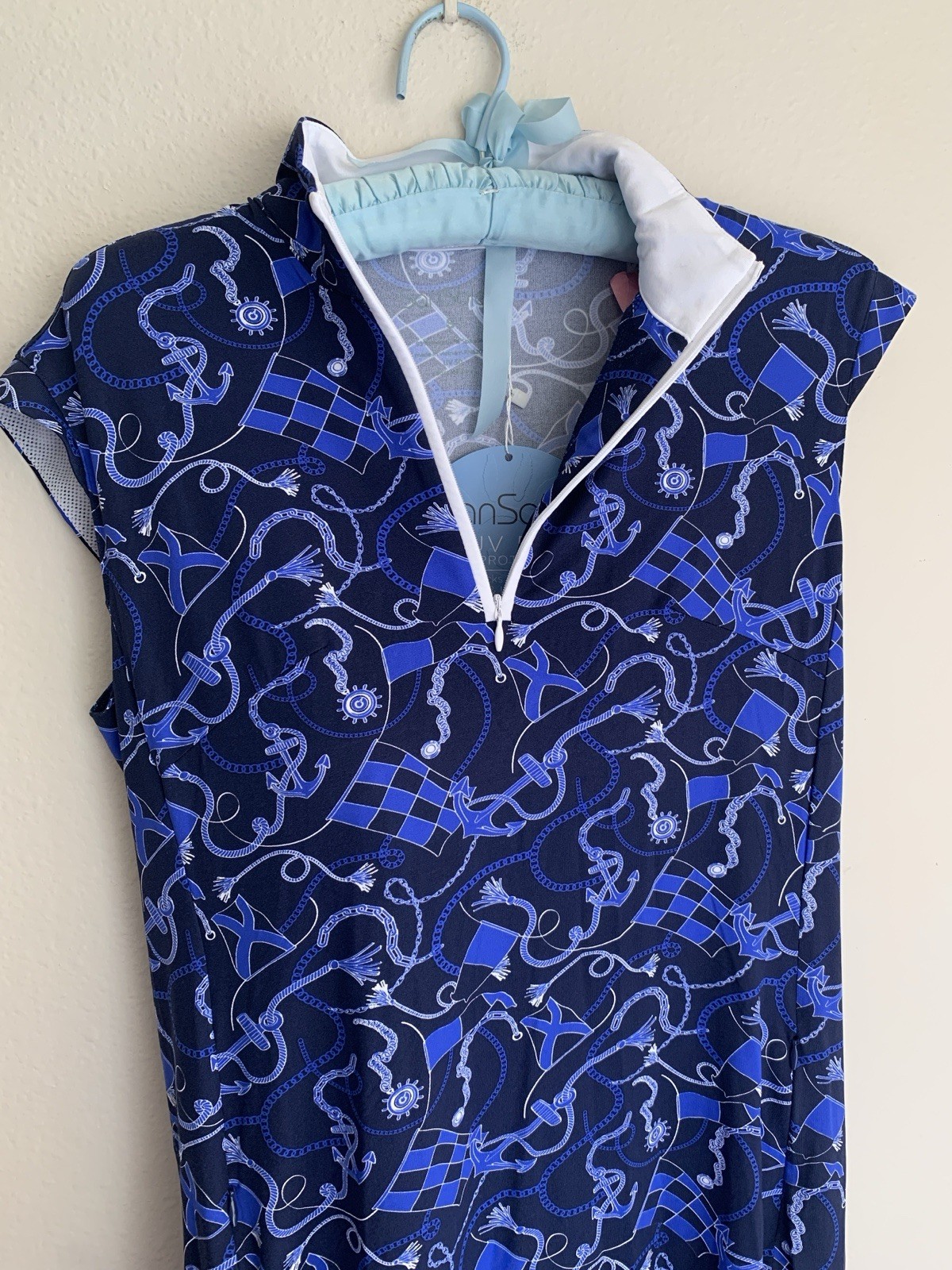 NWT S San Soleil Zip UV50 Dress Golf Stretch Blue Nautical Beach Athletic Small