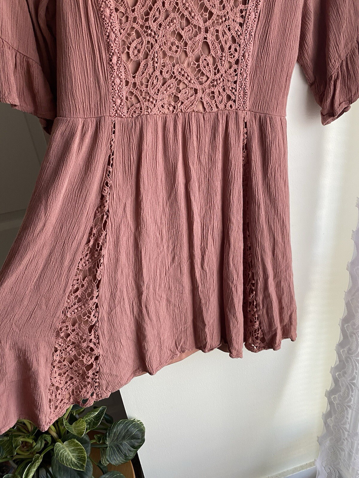 Maurice’s Dusty Rose Lace Mini 3/4 Ruffle Sleeve Dress Gauze Fit & Flare Boho
