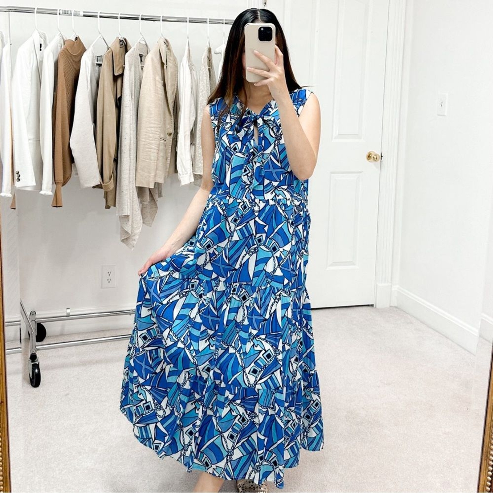 Sail to Sable Flag Print Sleeveless Tie Neck Tiered Midi Dress in Blue Sz L