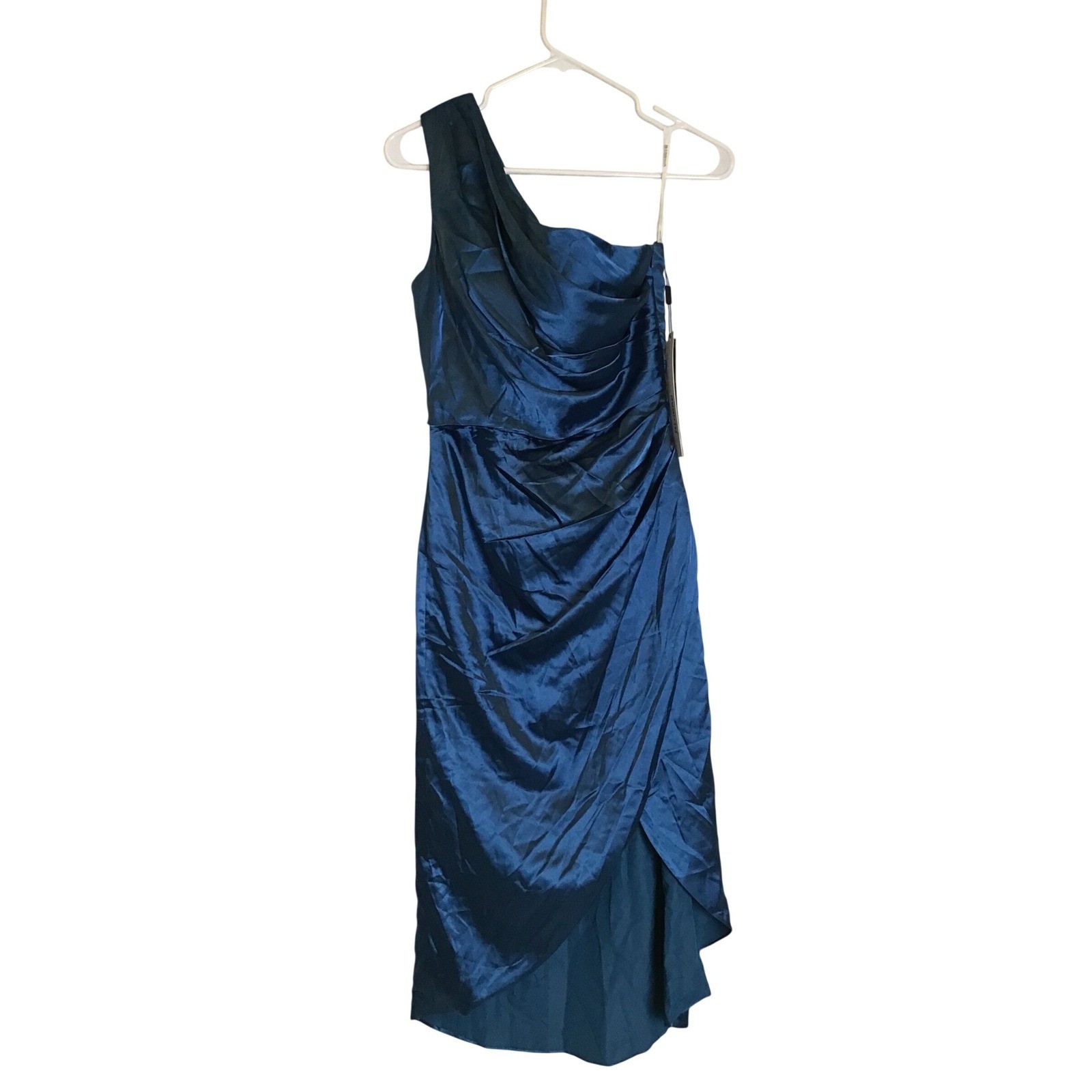 Ryanth Women’s Blue One Shoulder Ruched Satin Midi Dress Size 4 NWT
