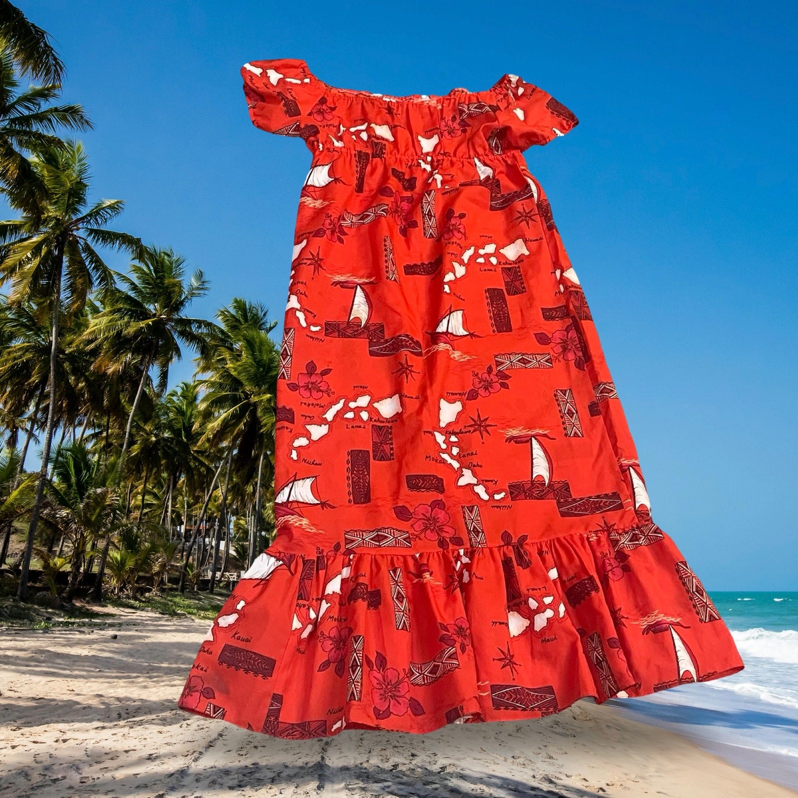 Vintage Island Map Sailboat Mu’umu’u Dress Made in Hawaii BJ&J Mfg Red Midi 12
