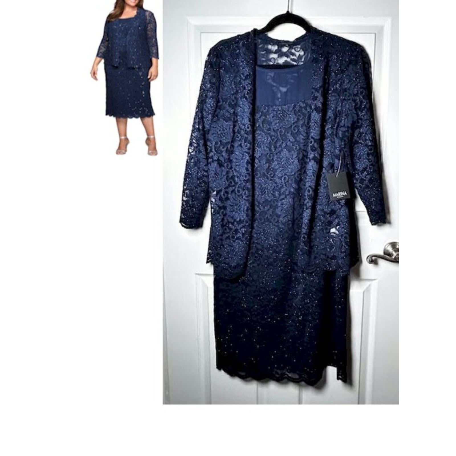 Marina Navy Sheath Lace Jacket Dress Size 14 New with Tags NWT