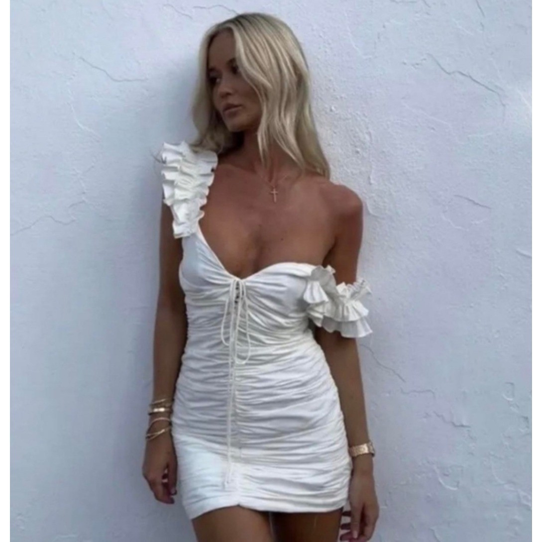 Zara White Ruched Ruffle Mini Dress Lace Up Front Sleeveless large