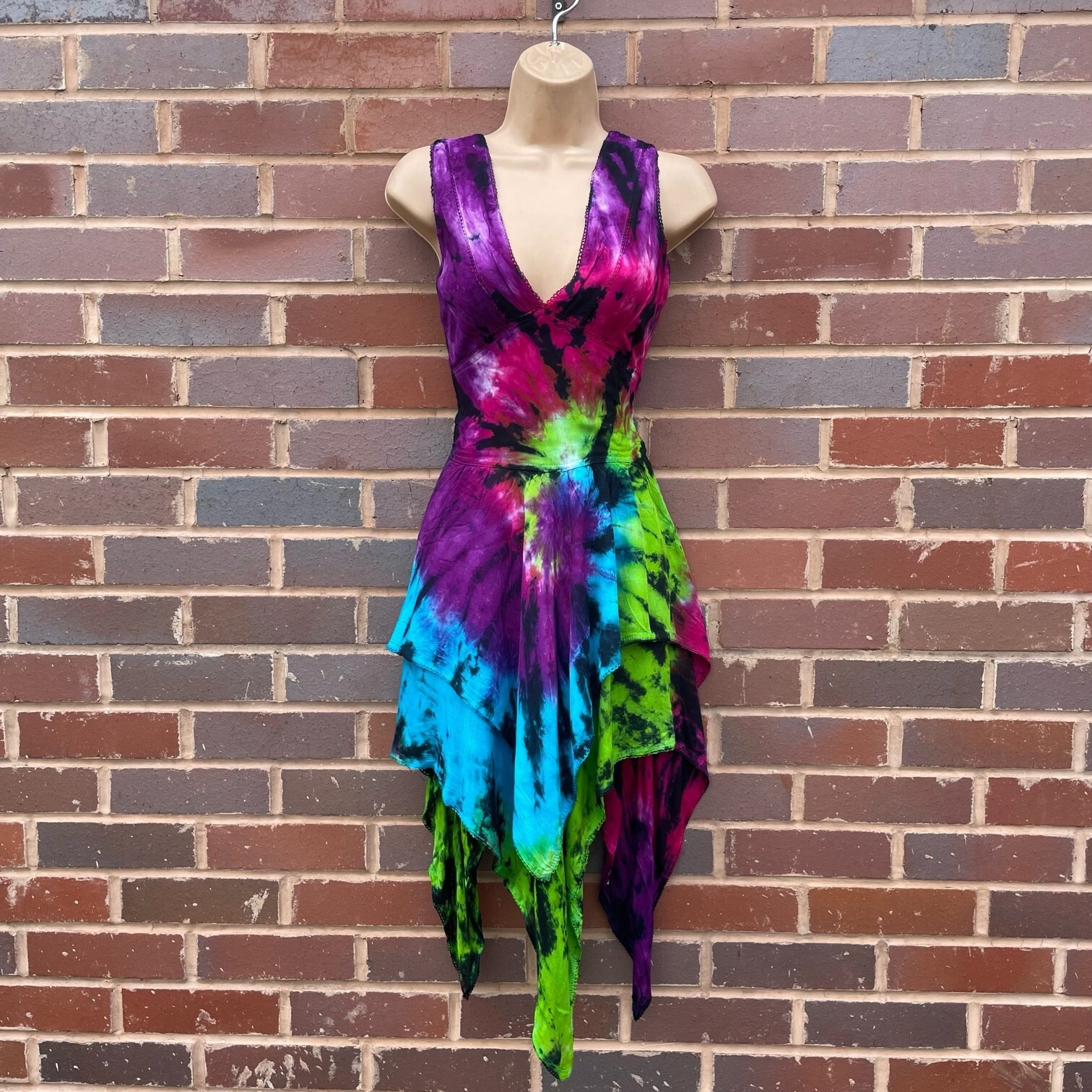 Boho Dress Tie Dye Summer Pixie Asymmetric Flowy Rayon One Size 8 10 12 14