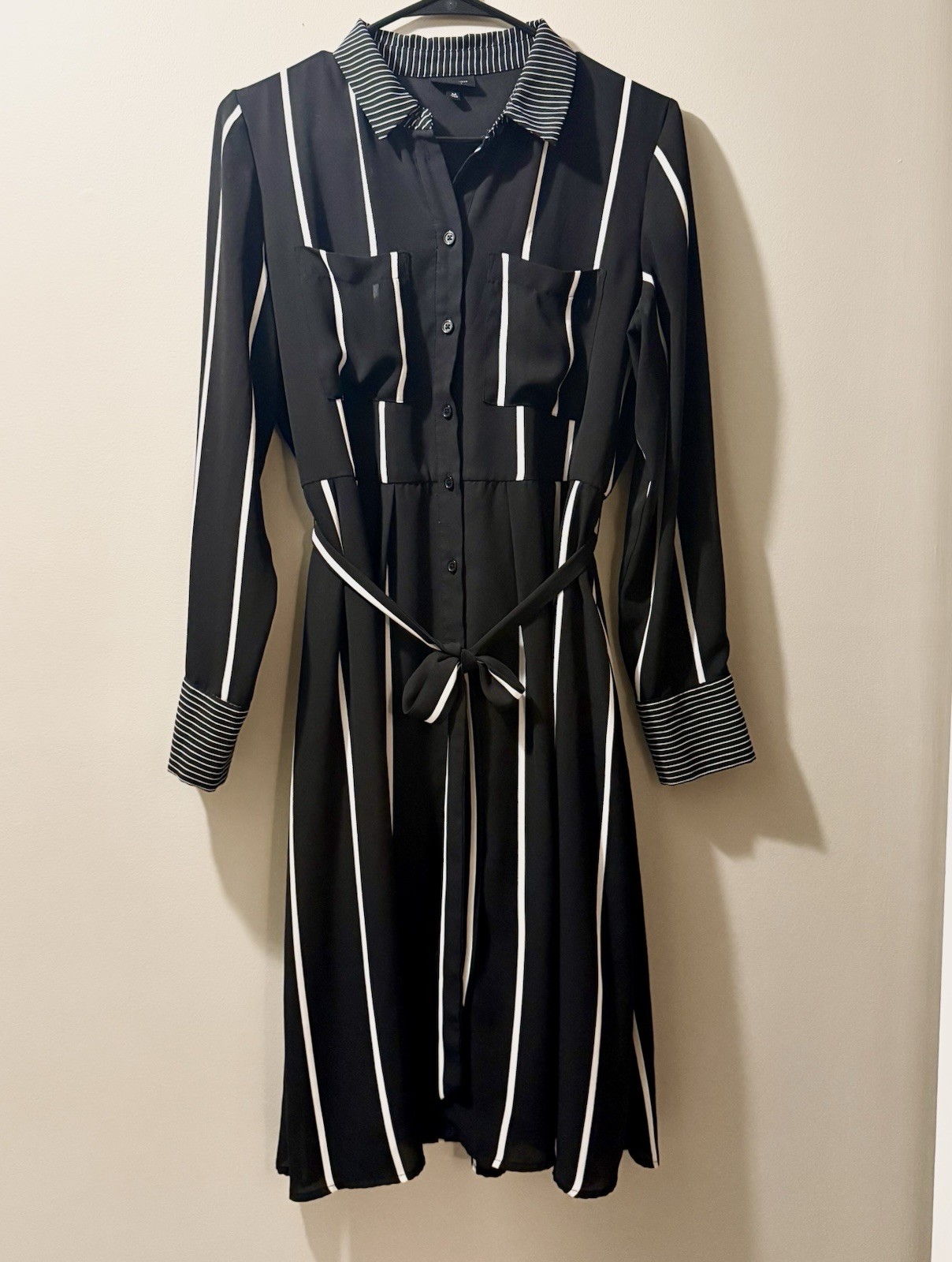 Who What Wear Womens Black Striped Belted Shirt Dress Size M