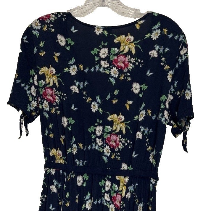GAP Womens Navy Floral Butterfly V-Neck Midi Dress Short Sleeve Tie Detail M