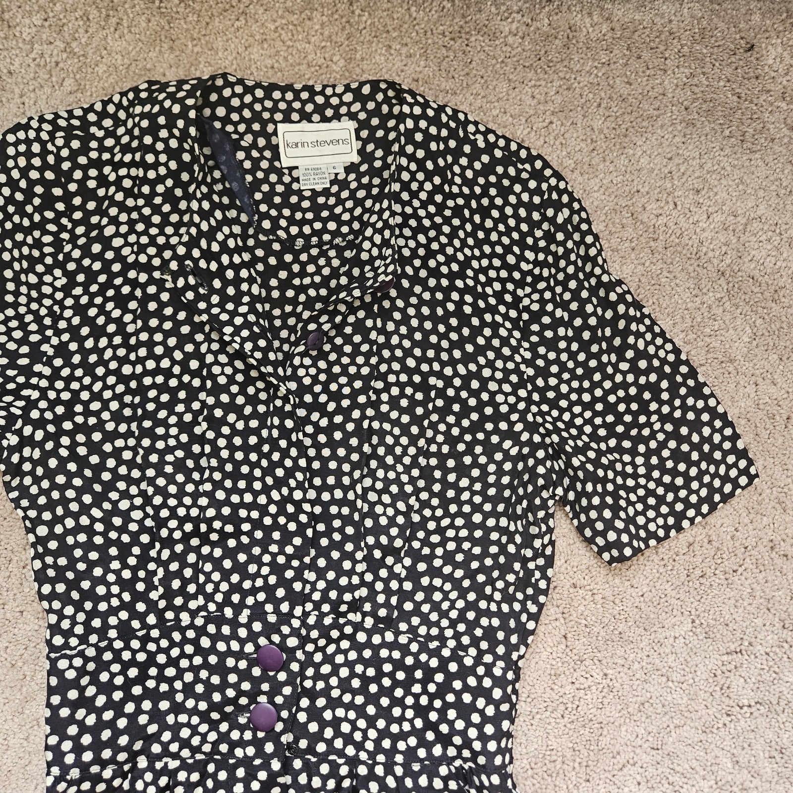 Vintage Karin Stevens Navy Polka Dot Dress Button Down Cinched Waist Vee Neck 6