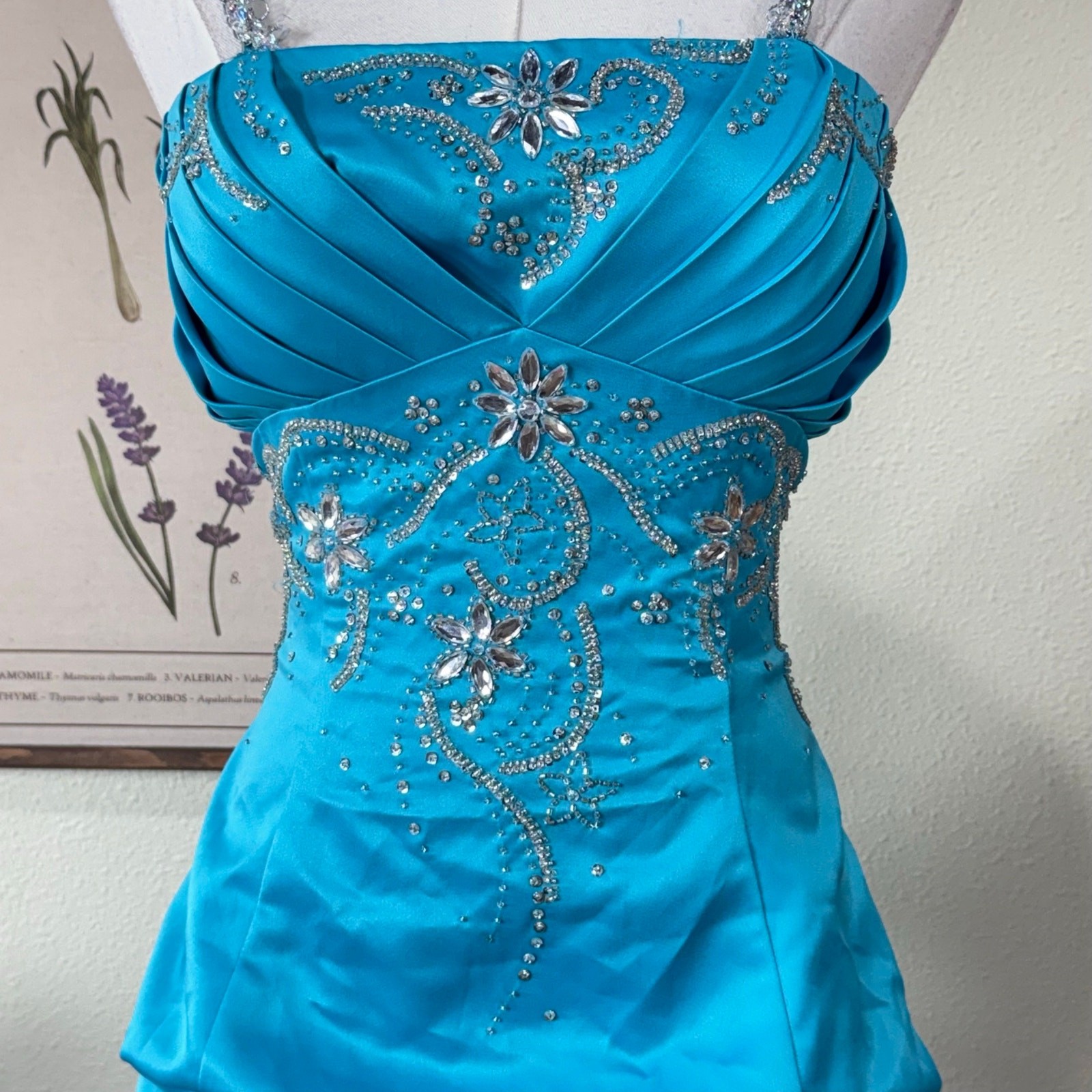 90s Y2k Satin Beaded Sequin Floral Ruched Formal Prom Dress Fairy Whimsy Glam XS