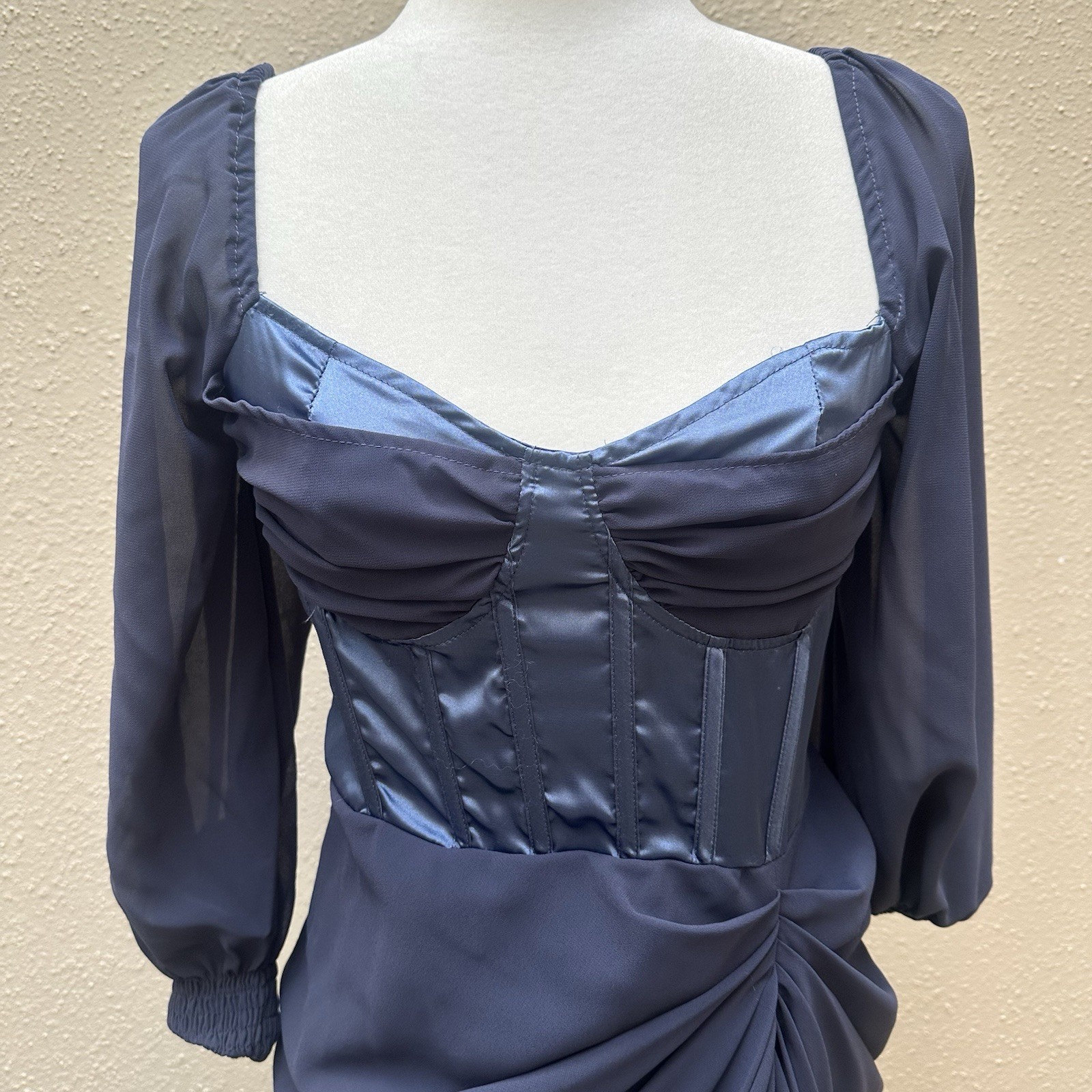 Pretty Little Thing Blue Satin Corset Chiffon Mesh Draped Bodycon Midi Dress 8 M