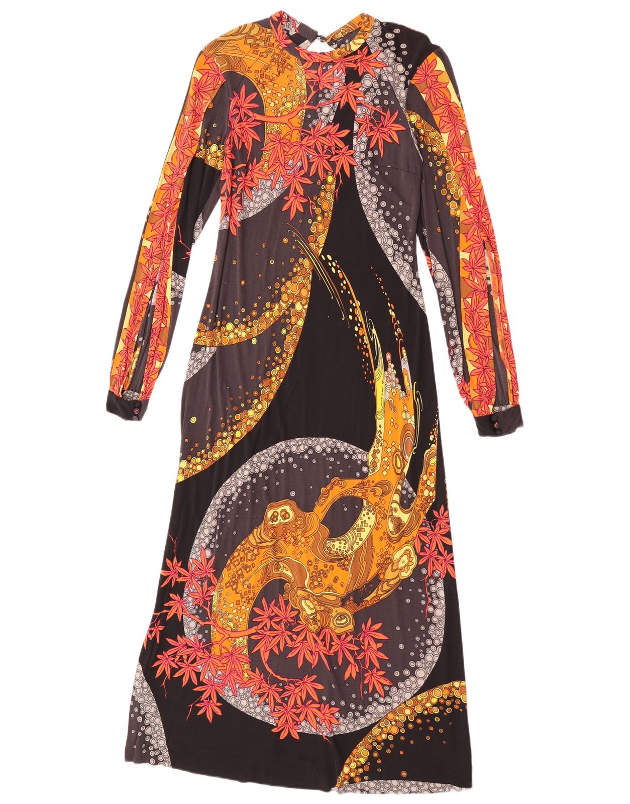 Vintage Womens Graphic Long Sleeve Maxi Dress UK 8 Small Black Floral ED66
