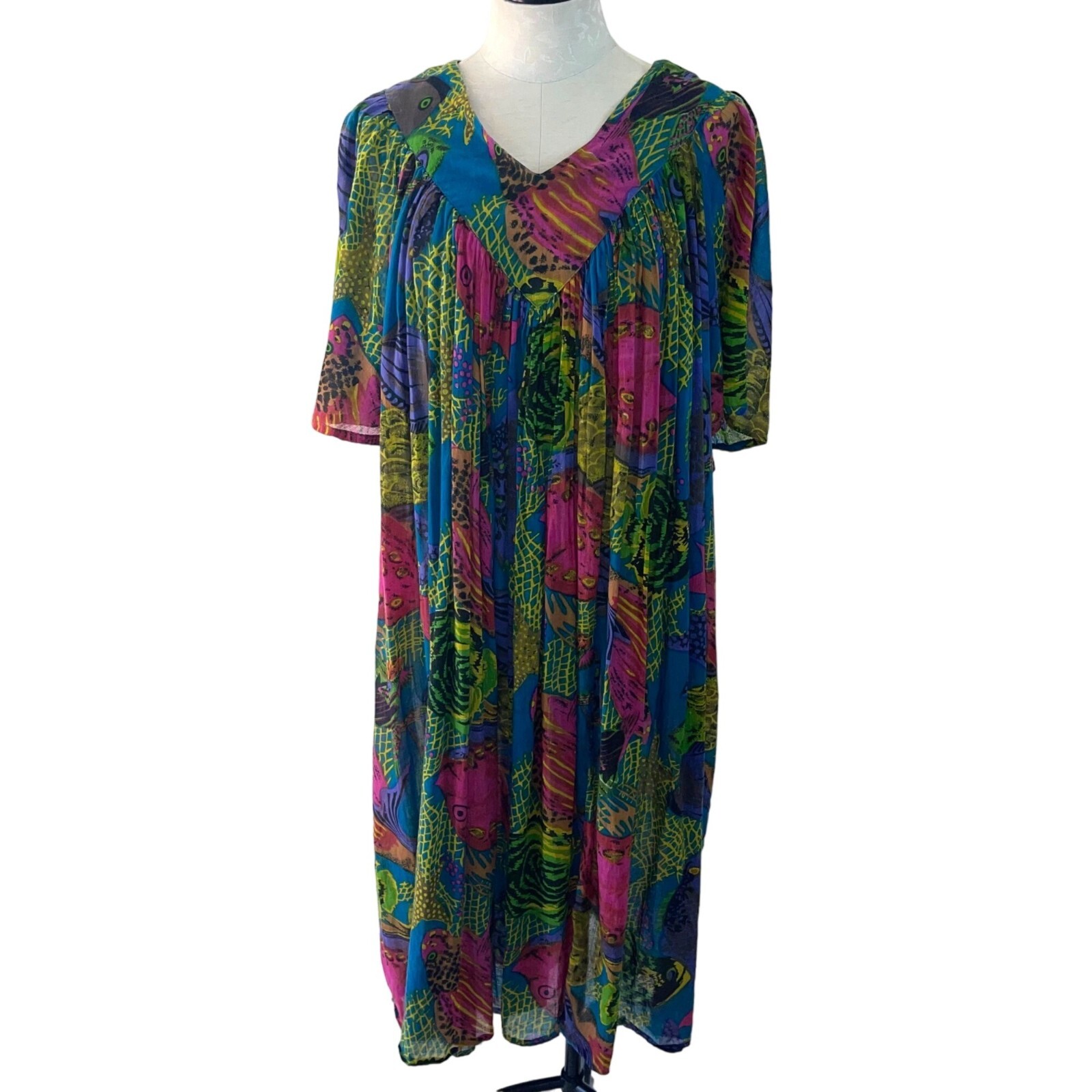 Patchouli From Natural Dress Vintage Womens Size Large Fish Print Multicolor Mod