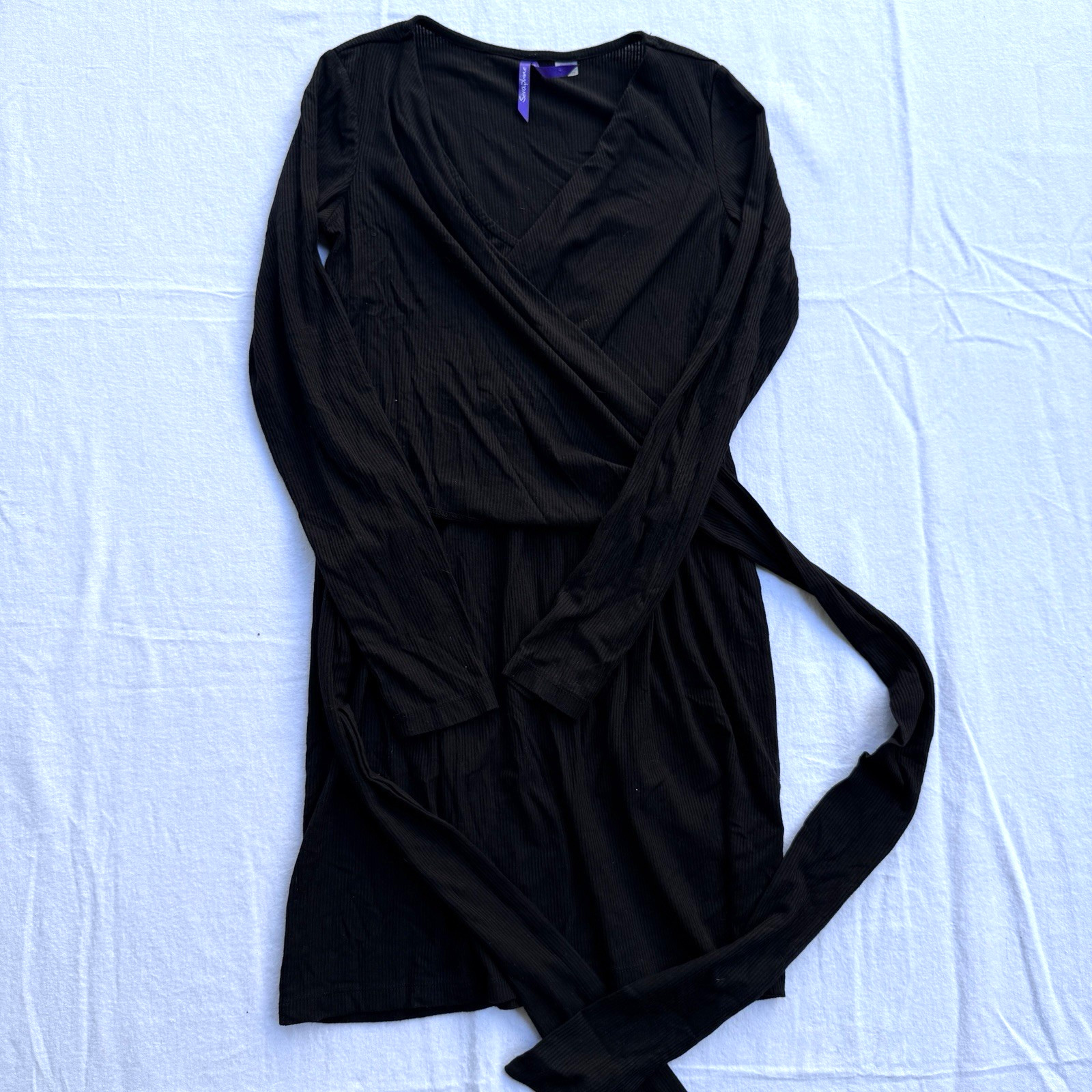 Seraphine Black Ribbed Knit Wrap Maternity Nursing Midi Dress Size 2