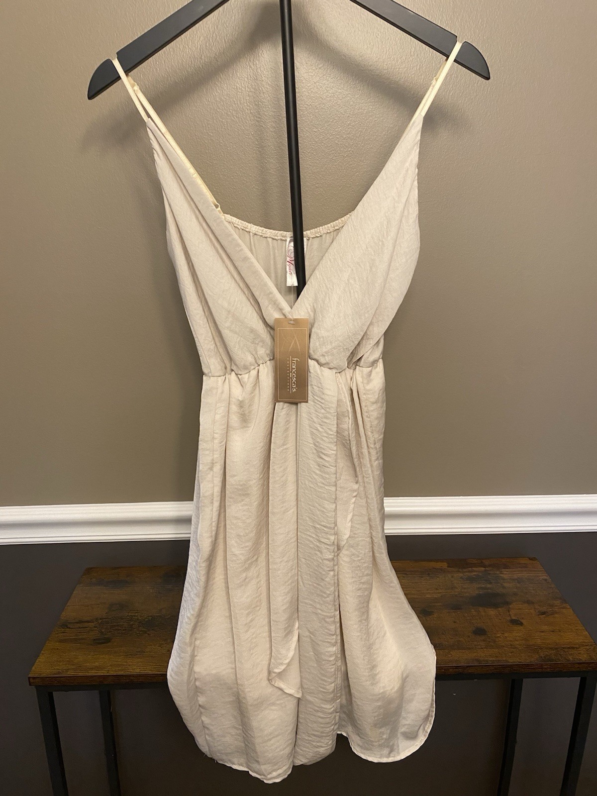 Francesca’s Myan Midi Slip Dress V-Neck Light Beige Spaghetti Straps Size Large