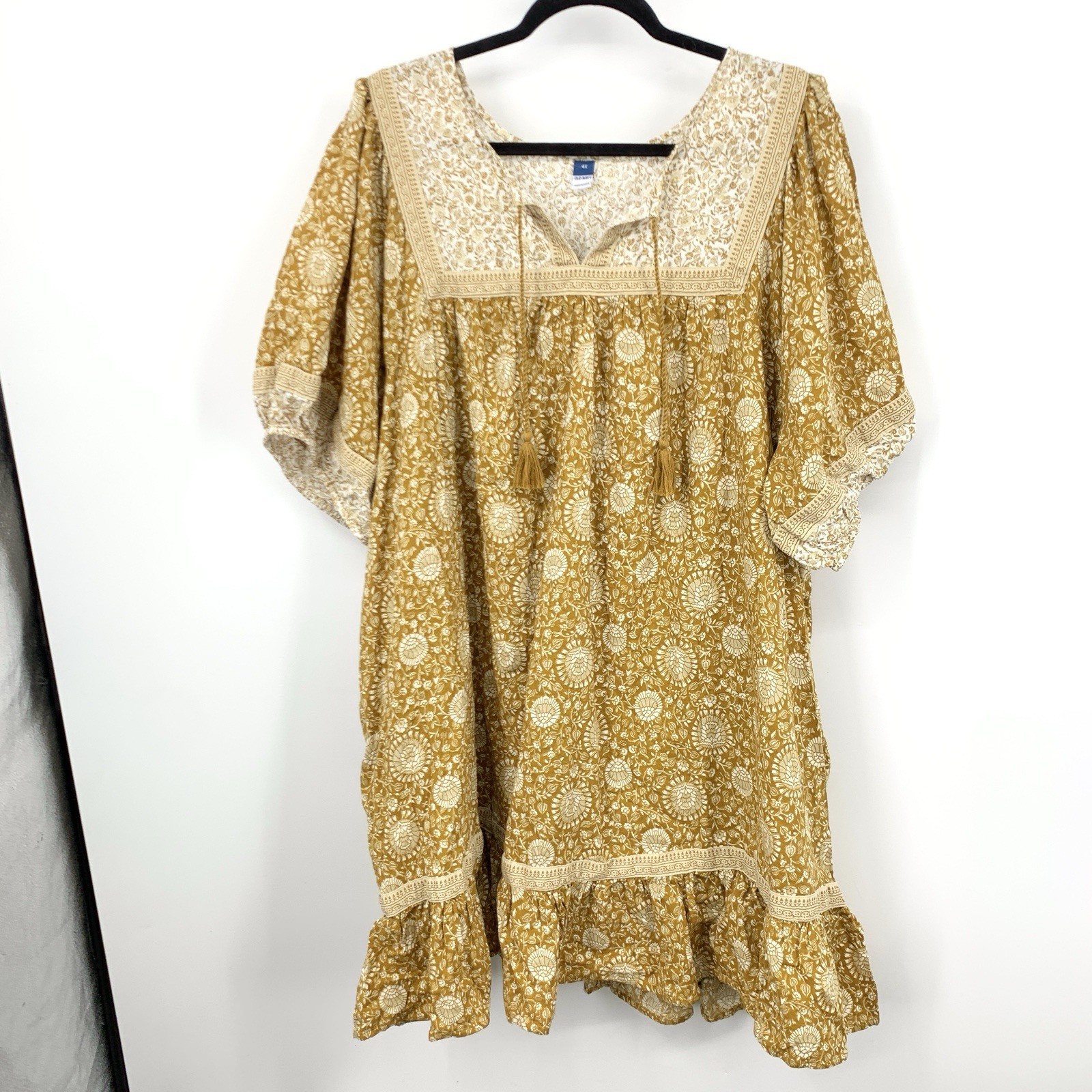 Old Navy Women Size 4X Dress Yellow Brown Floral Short Sleeve Shift Boho