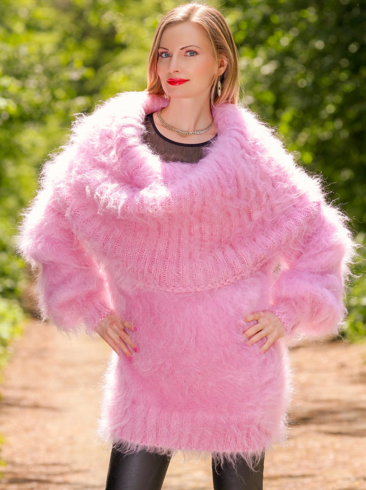 Pink cowl neck fuzzy mohair sweater thick fluffy dress handmade fluffy tunic XL