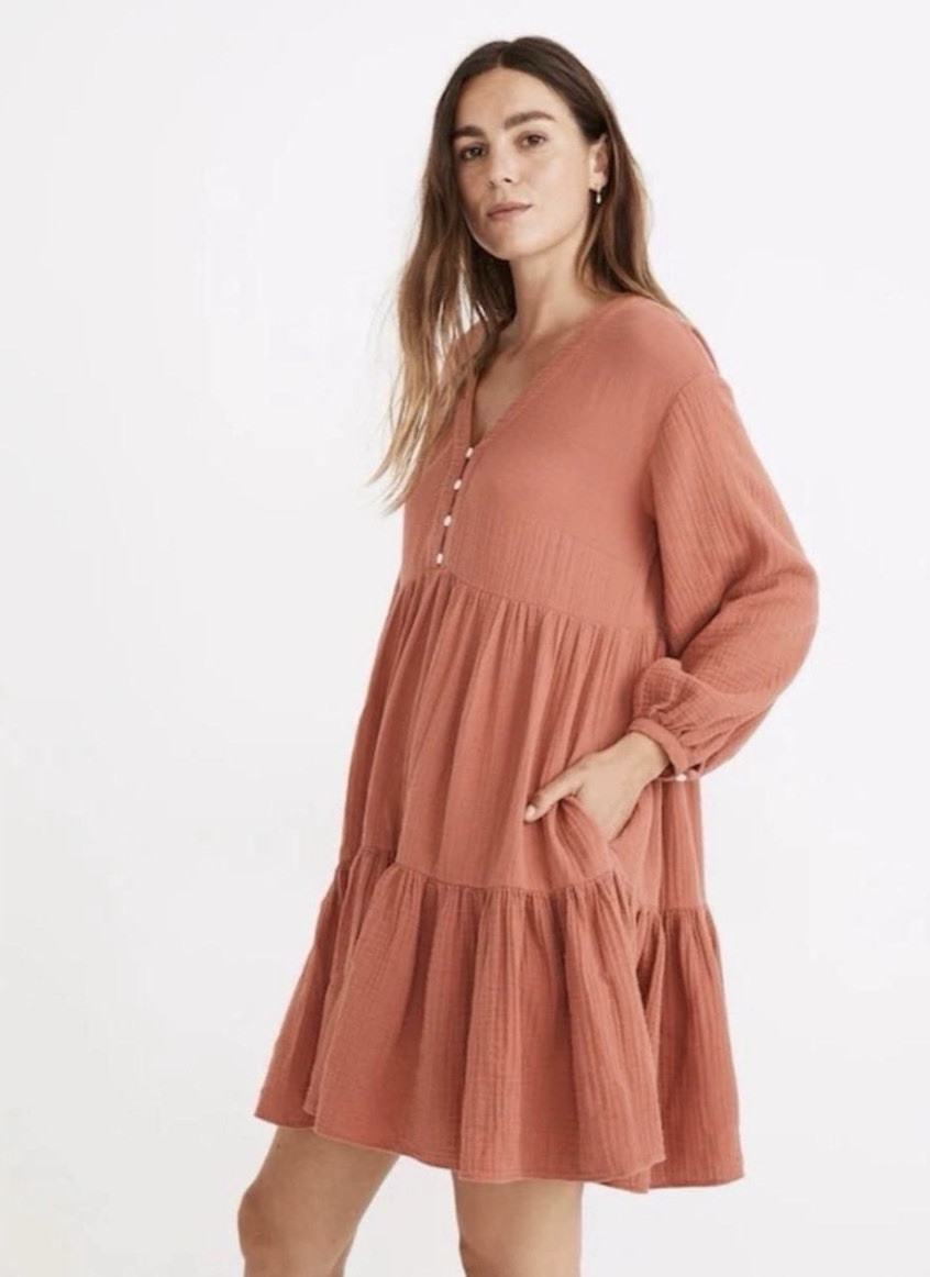 Madewell Lightspun Colette Babydoll Mini Dress Terracotta Gauze Cotton V Neck 8