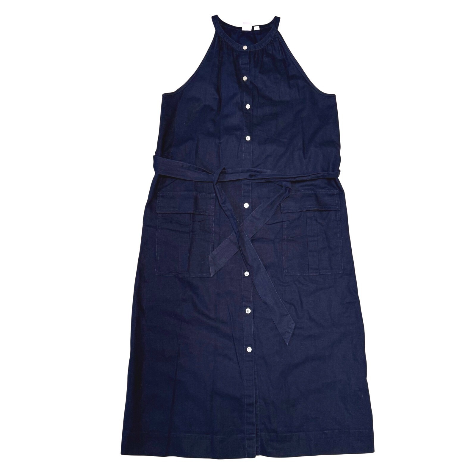 Gap Navy Blue Linen Cotton Halter Button Front Utility Midi Dress Small Preppy