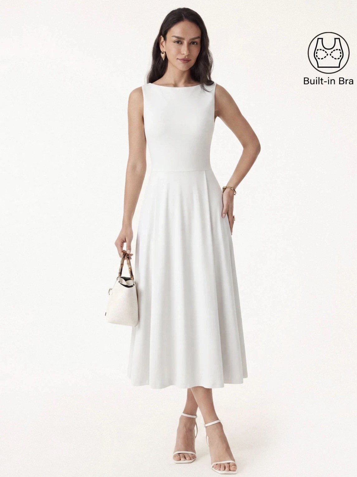 OGL Bamboo Ponte Boatneck Midi Dress Built-in Bra Women Pockets-White CHIC