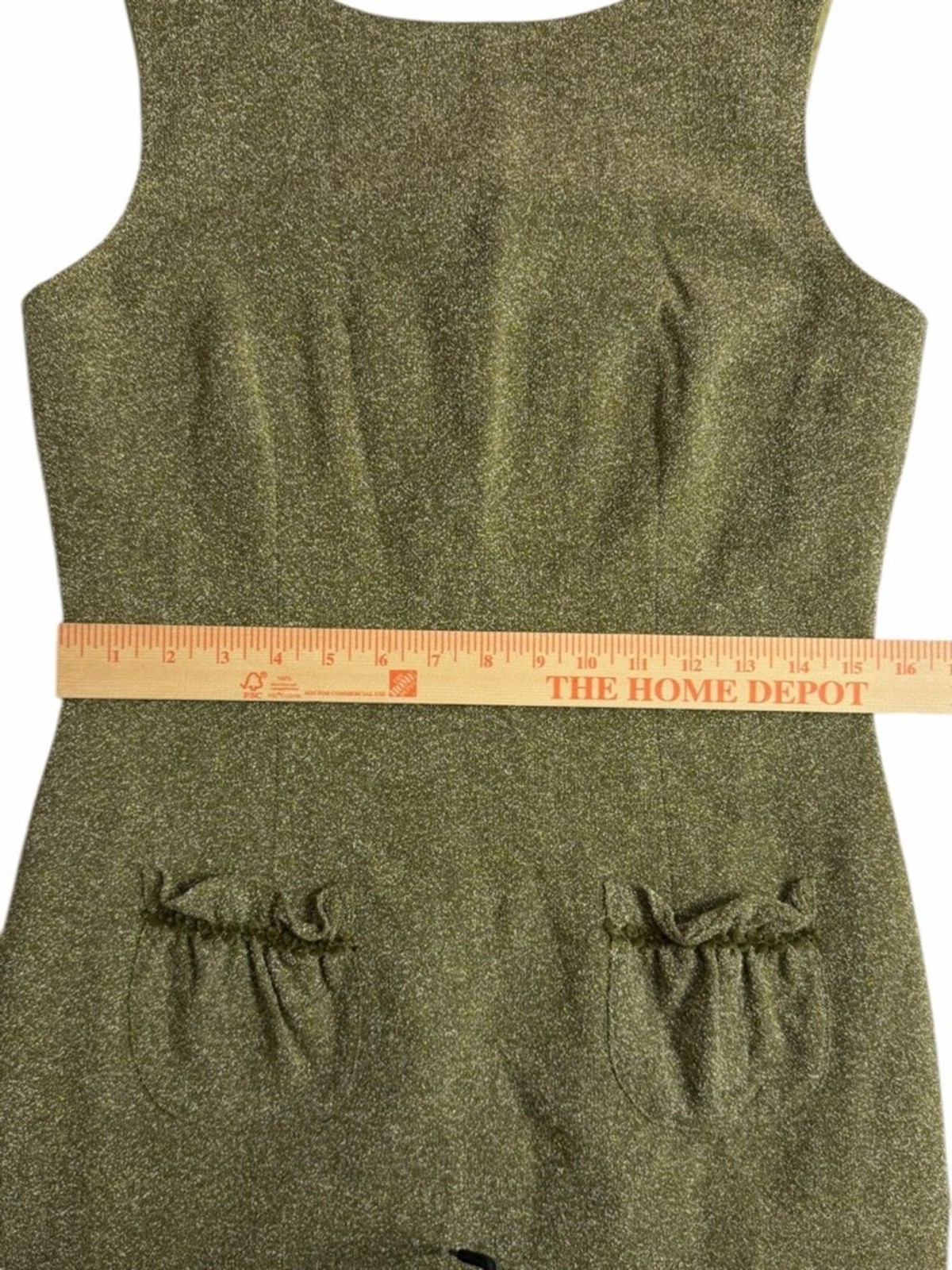 David Meister Olive Green Wool Boucle Ruffle Hem Sleeveless Sheath Dress 6