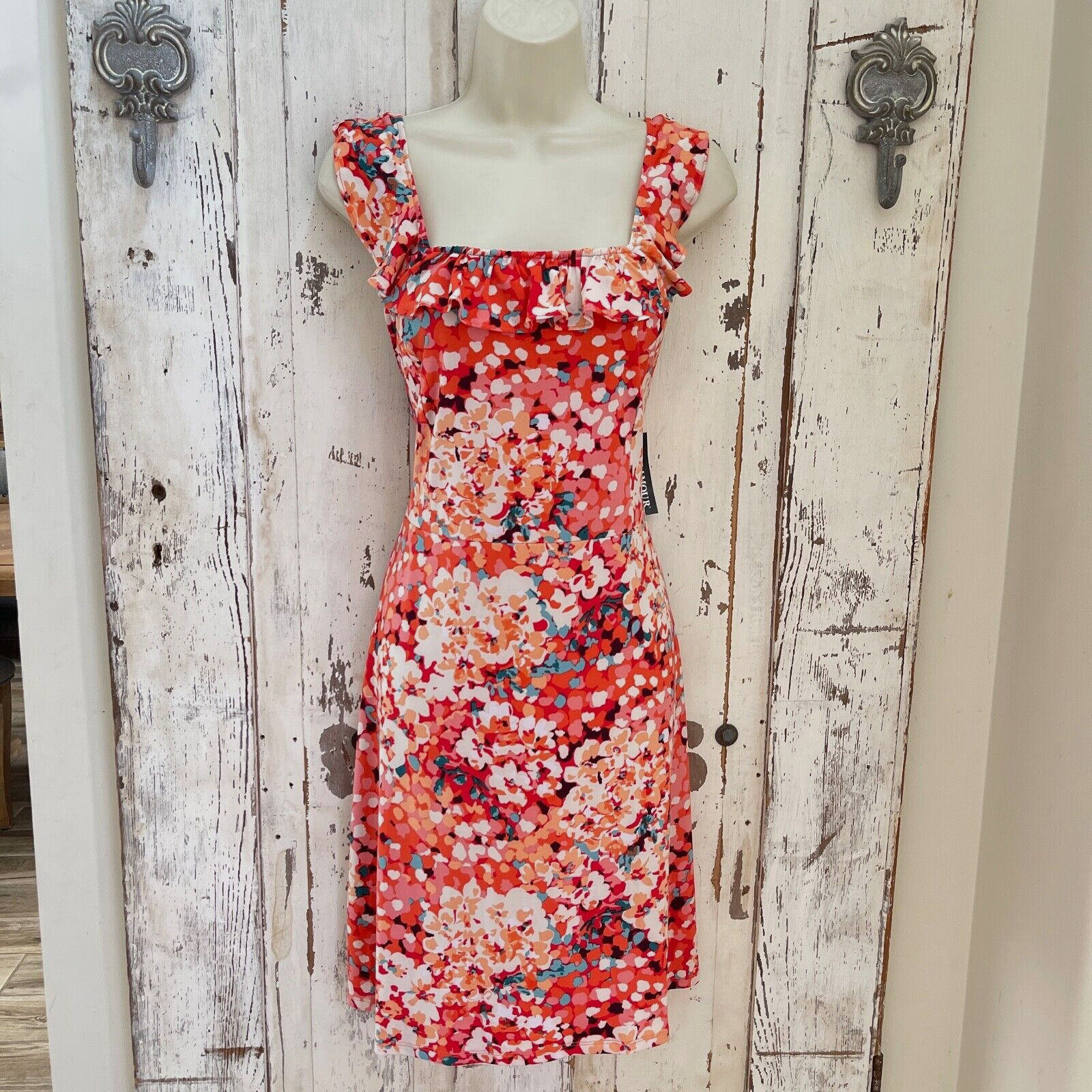 Glamour Sz 8 Woman’s Pink Orange Blue Yellow Floral Ruffle Classy Colorful Dress