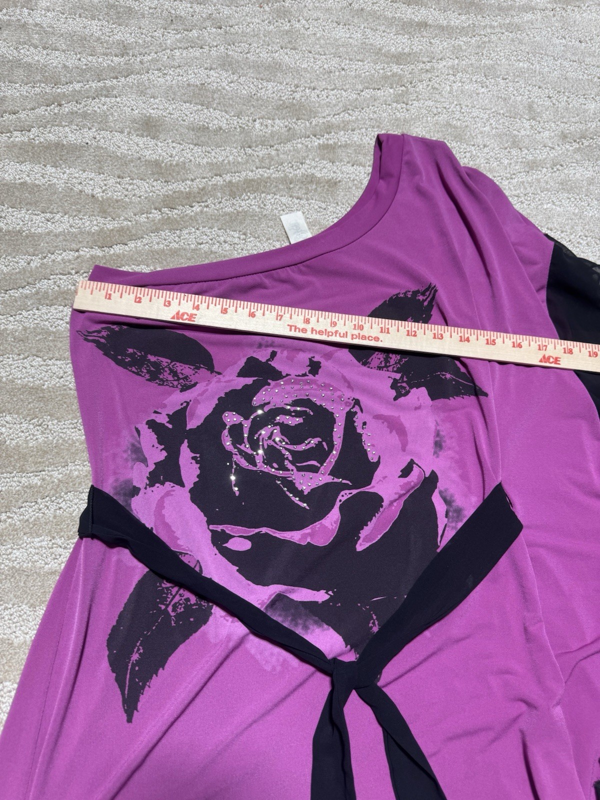 L8ter Womens Large One Shoulder Tunic Top Pink Black Rose Rhinestone Belted USA