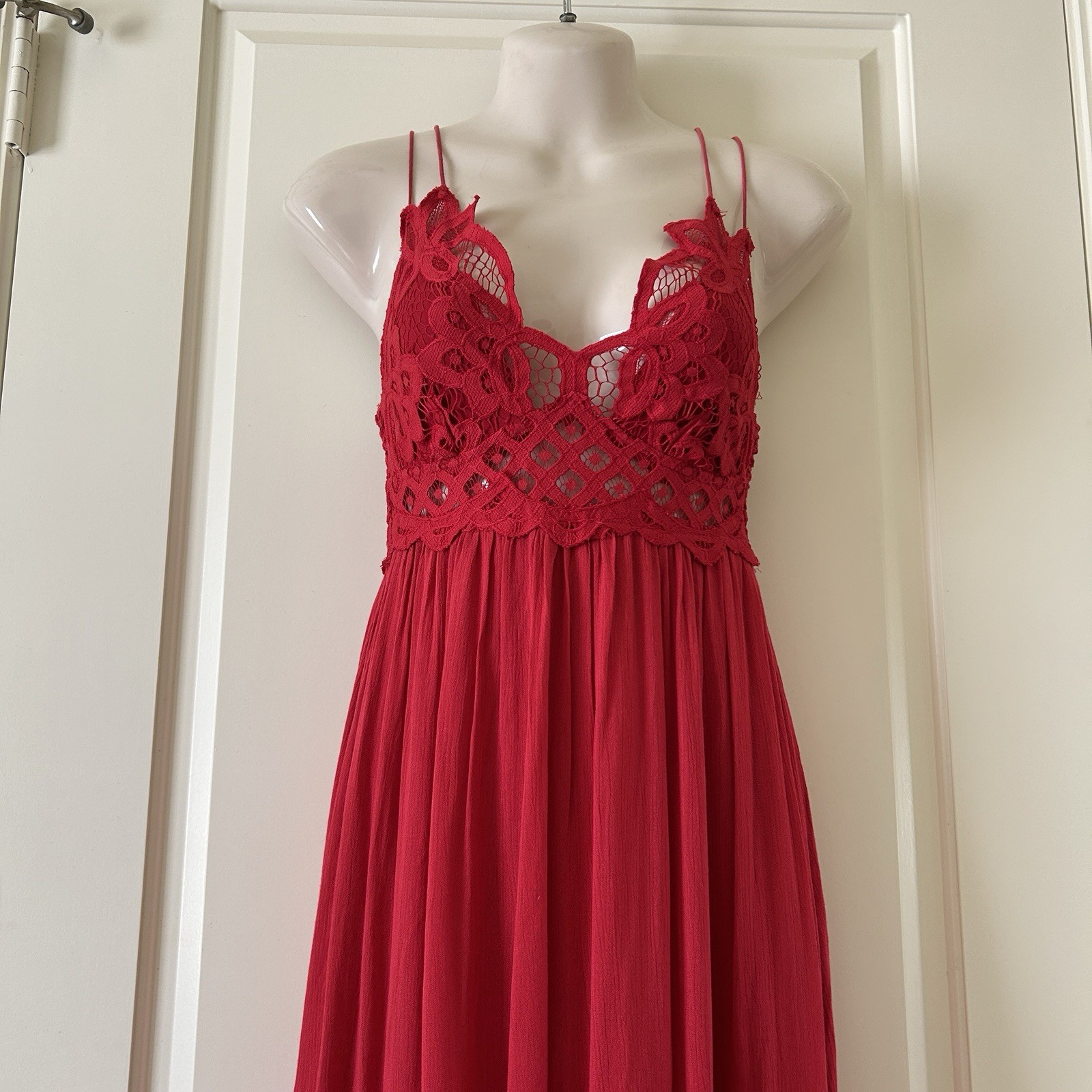 FREE PEOPLE “Adella” Maxi Slip Dress With Lace Top, Bright Red, Size XS, NEW