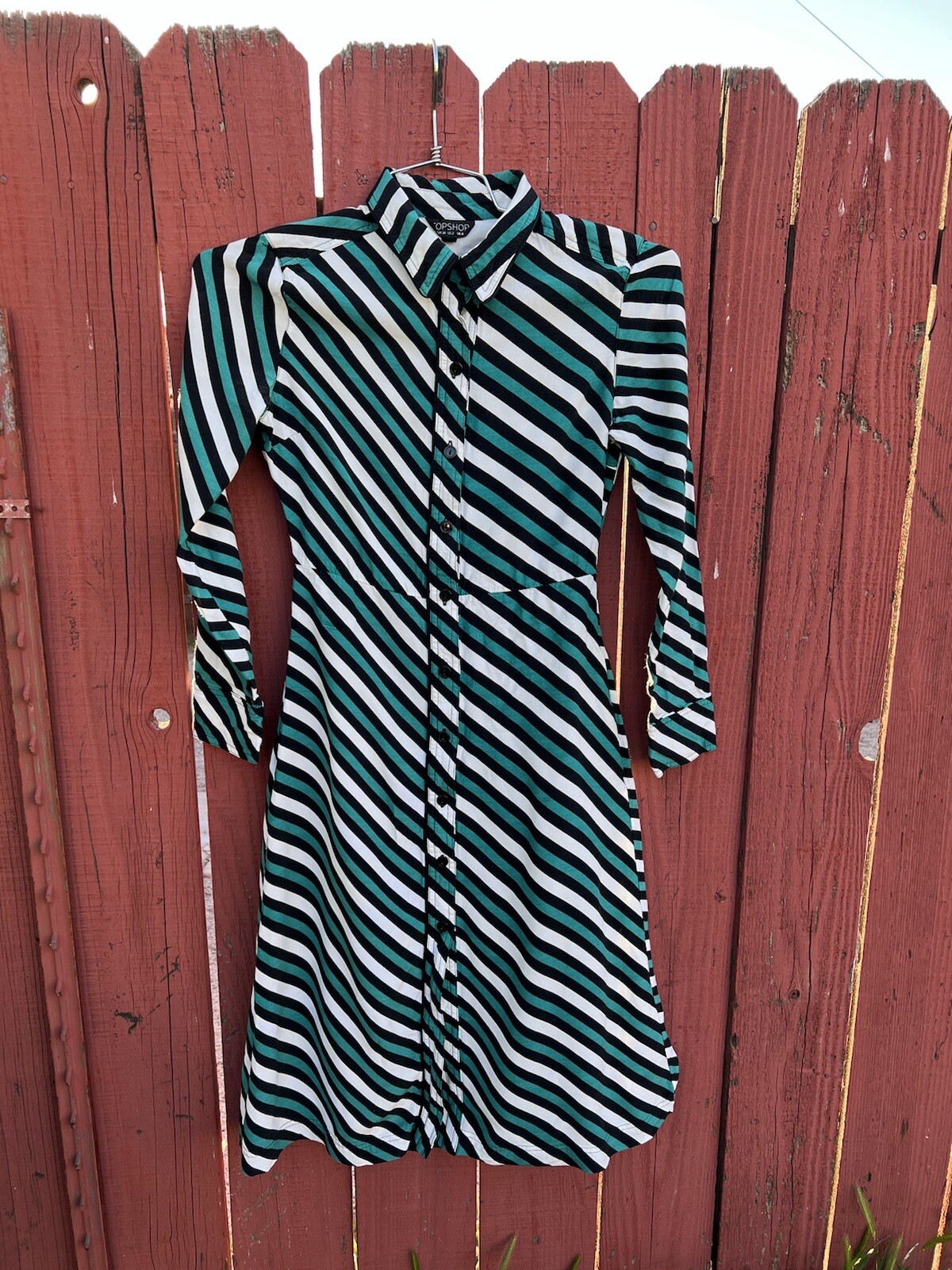 Topshop Striped Button Up Midi Shirt Dress Green White Black Mod Retro Collar