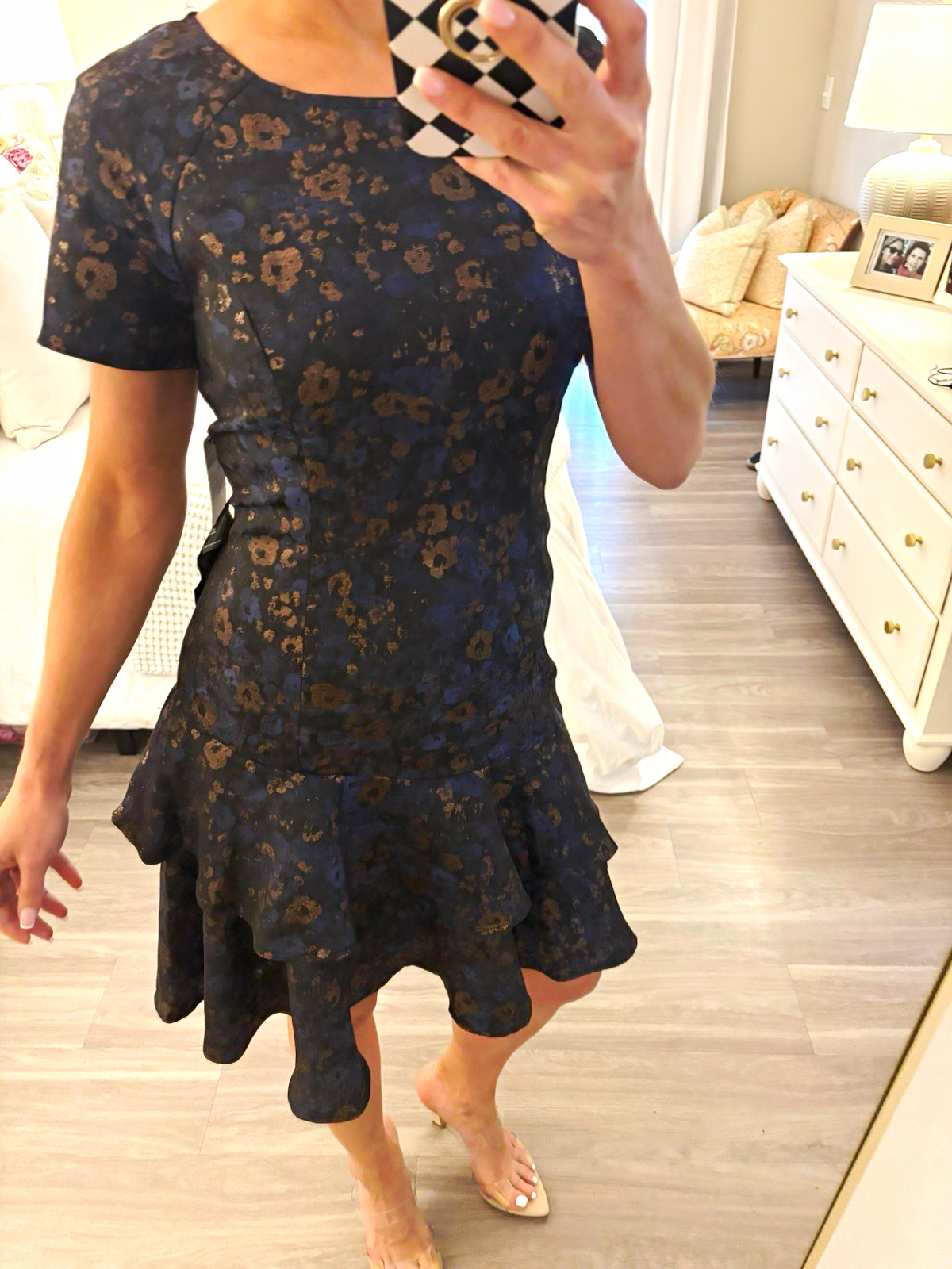 Shani Blue/Brown Floral Jacquard Layered Ruffle Fit & Flare Knee SS 10 S-1445
