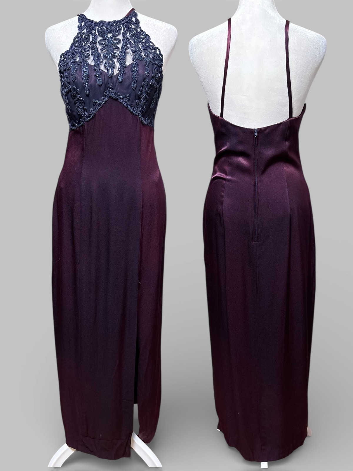 Vintage Blondie Me Linda Bernell Dress 5 Purple Beaded Halter Satin Prom USA 90s
