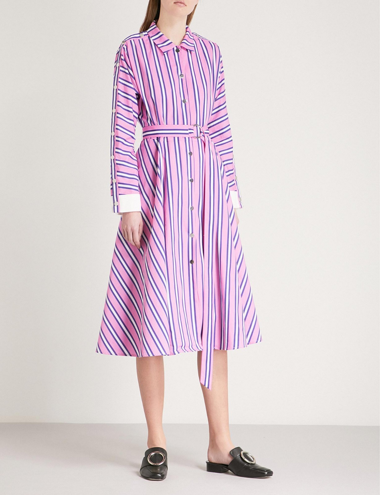 MAJE Pink Purple White Stripe Cocktail Midi Button-Down Shirt-Dress 3 = M 8/10