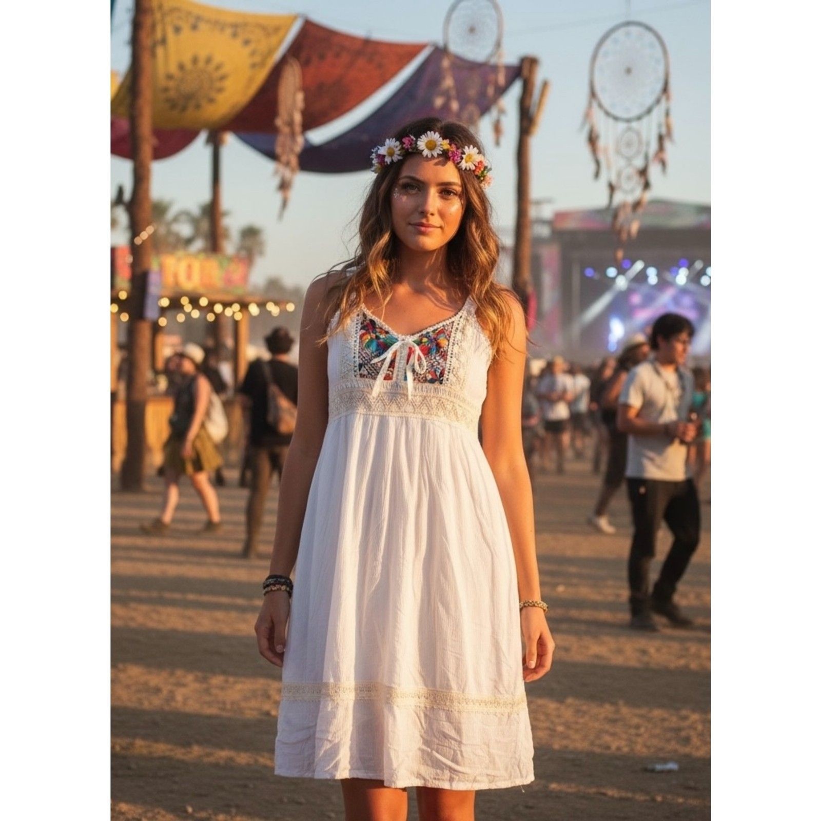 Women’s White Boho Embroidered Peasant Dress | Lace Trim Empire Waist