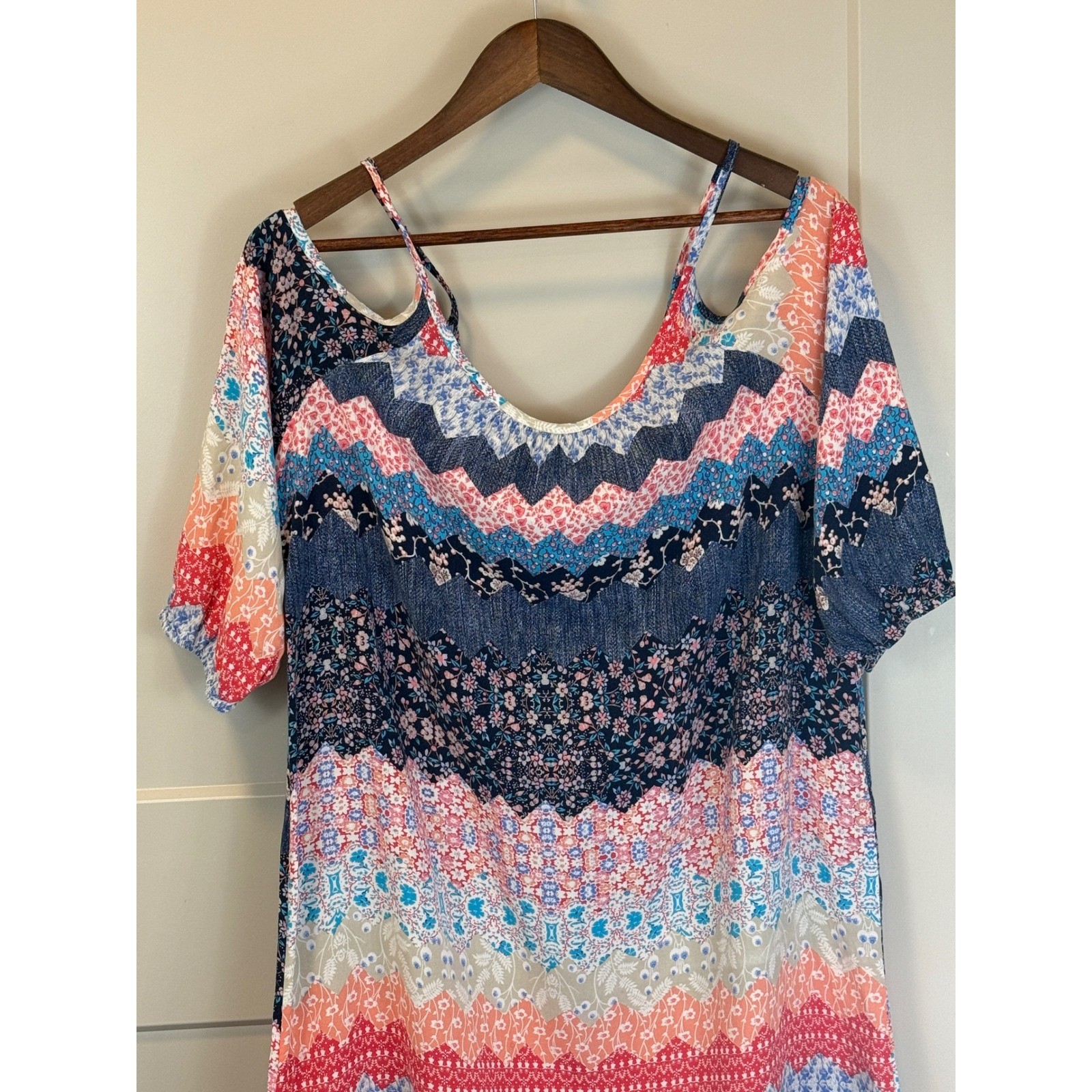 Espresso Chevron Floral Patchwork Cold Shoulder Slip Dress Size XL Grandmacore
