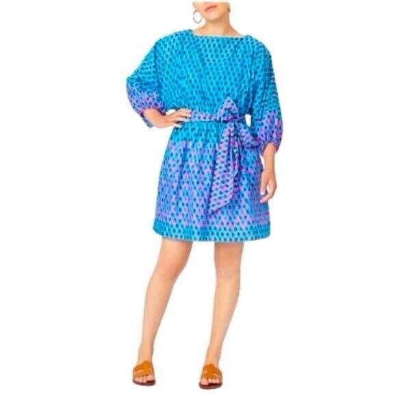 NWT J Crew Dolman Sleeve Mini Dress Blue Pink & Attach Lining 100% Cotton XXS