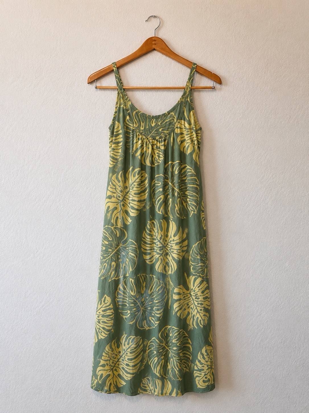 Green Yellow Hawaiian Midi Dress Adjustable Straps Rayon One Size