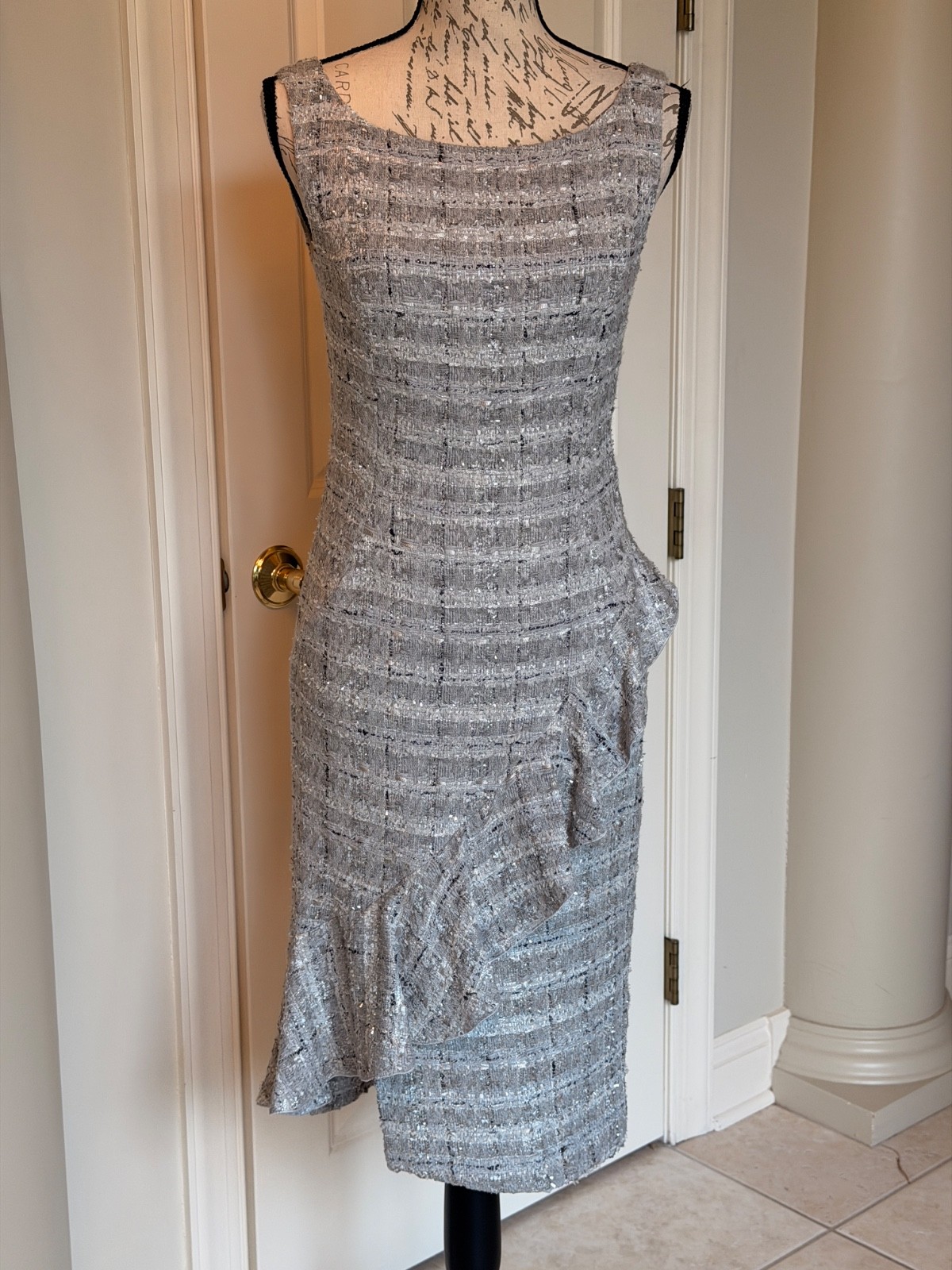 Santorelli Grey Olina silk-blend tweed pattern asymmetric ruffled Panel Dress 4
