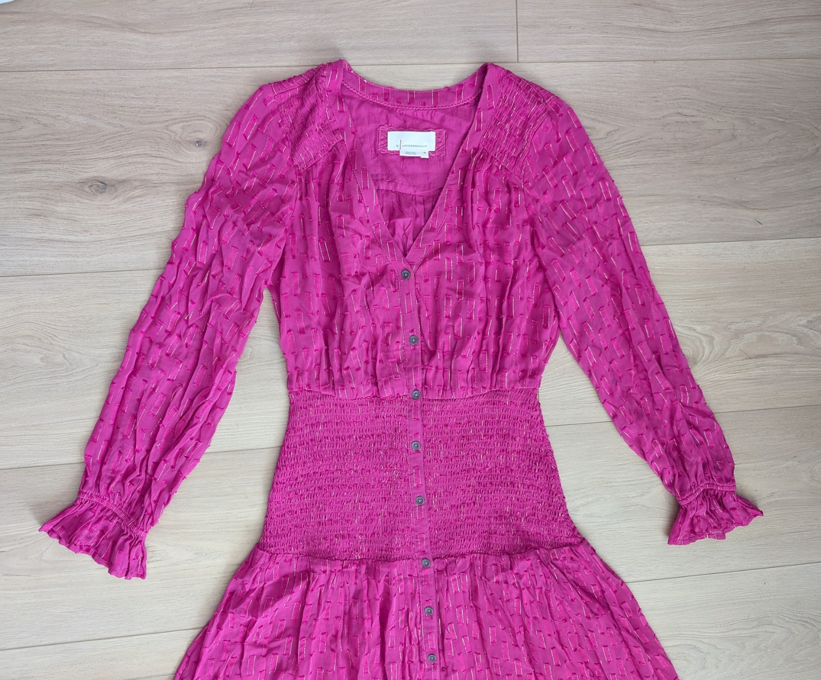 Anthropologie Smocked Long Sleeved Ruched Maxi Dress in Fuchsia Pink Size XS