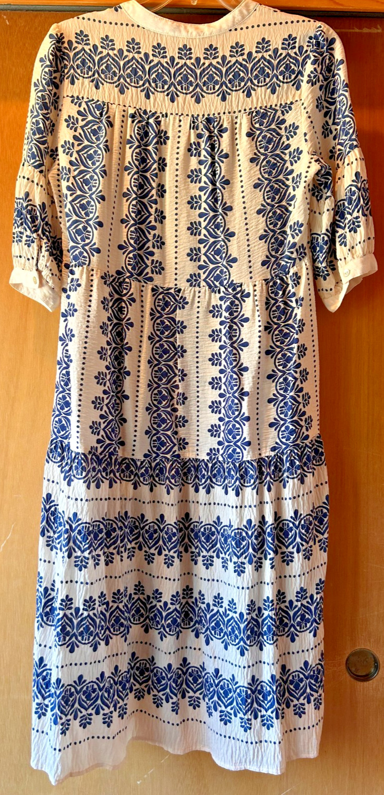 Fig & Flower Tropical Tiered Midi Dress Blue White Sz L Summer Coastal Vacation