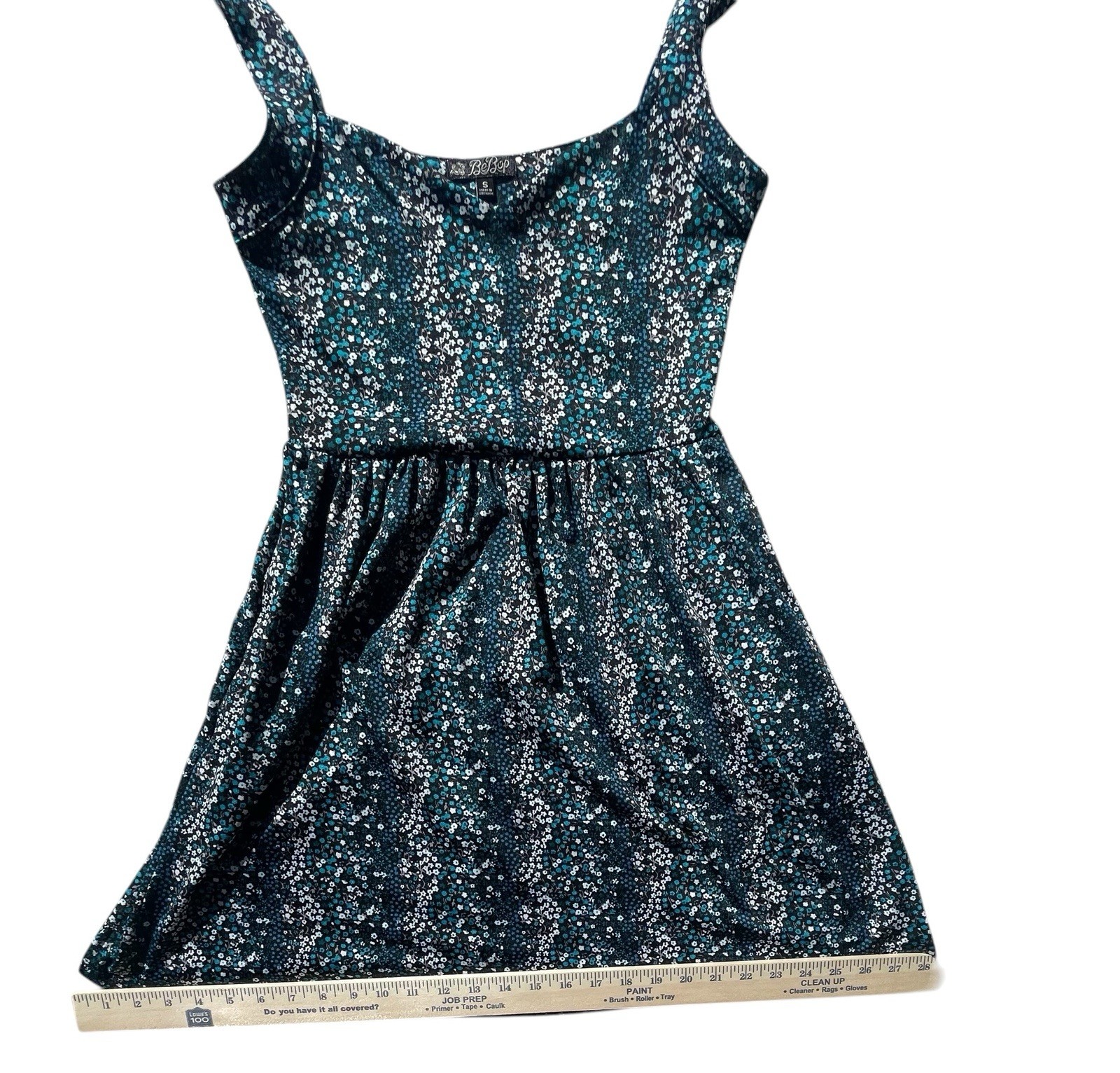 BEBOP Size S Floral Mini With Pockets. Black With Teal White Retro Classic