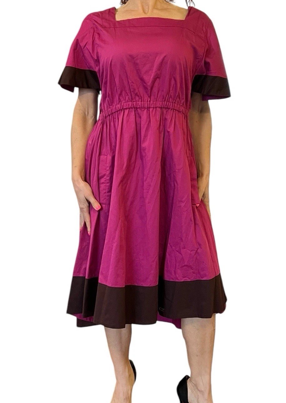 SONIA RYKIEL PURPLE COTTON DRESS FIT FLARE SHORT SLEEVE COLOR BLOCK MIDI 38 6