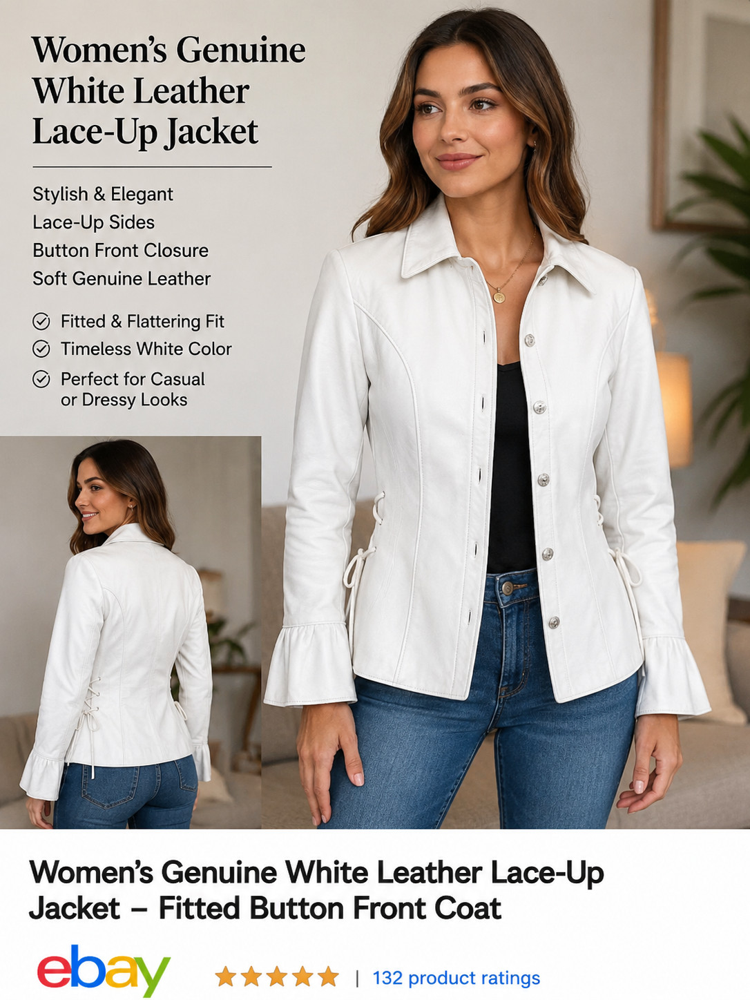 Women’s White Genuine Leather Jacket Lace Up Fitted Button Front Casual Coat