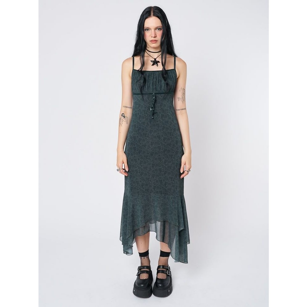 NWT Minga London Dark Green Floral Mesh Asymmetrical Dress – Size L Whimsigoth