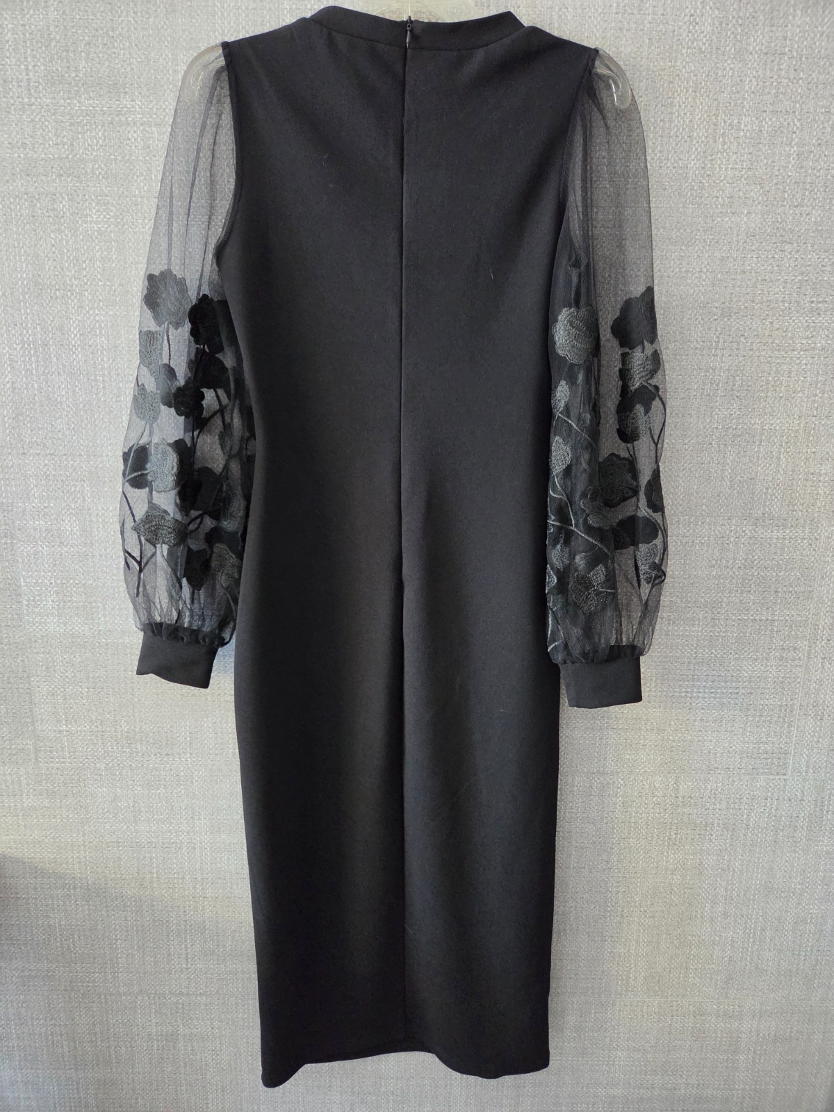 SW black midi dress with puff mesh floral embroidered sleeve, size S