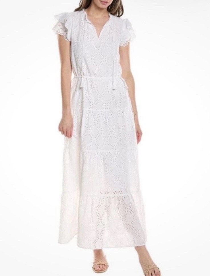 Size XL New J.McLaughlin Feminine Elena White Eyelet Maxi Dress Ruffle Sleeves