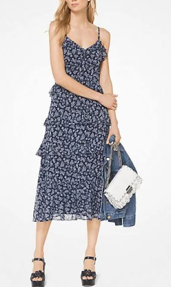 Michael Kors Floral Tiered Midi Dress Size L NWT Navy Blue Ruffle Chiffon Lined