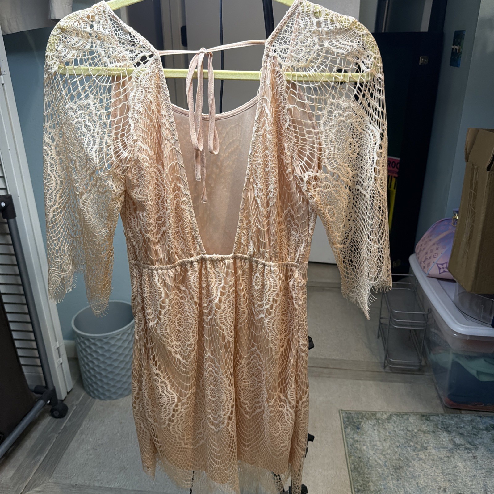 Soieblu Lace Overlay Lined Medium Romantic Boho Dress Beige Nude