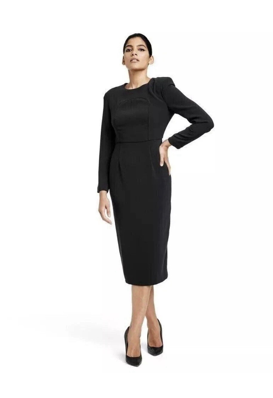 Sergio Hudson M Dress Women’s Strong Shoulder Midi Dress Black NWT E6
