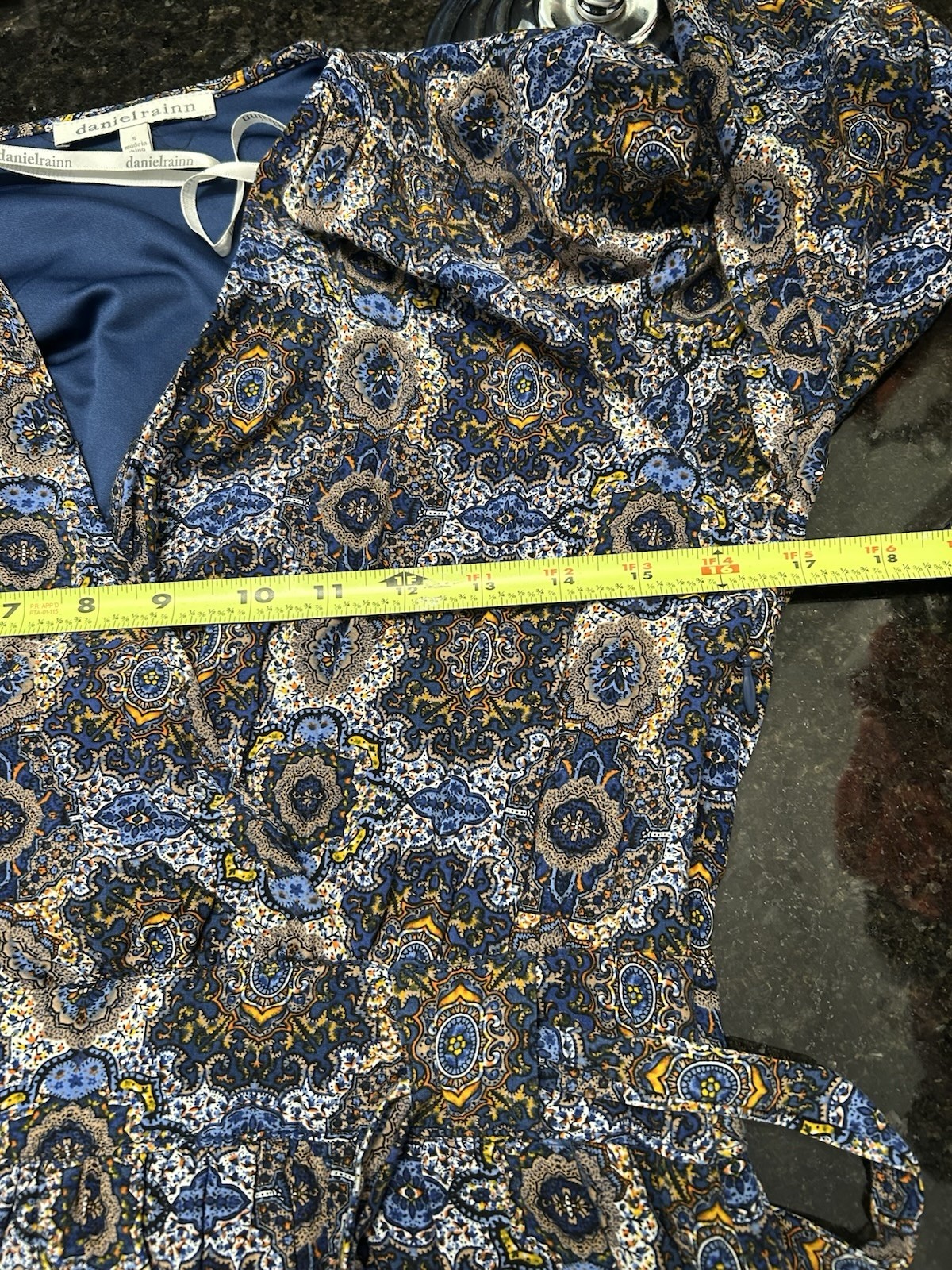 danielrainn Blue Paisley Wrap Dress V-Neck 3/4 Sleeve Tie Waist Lined S