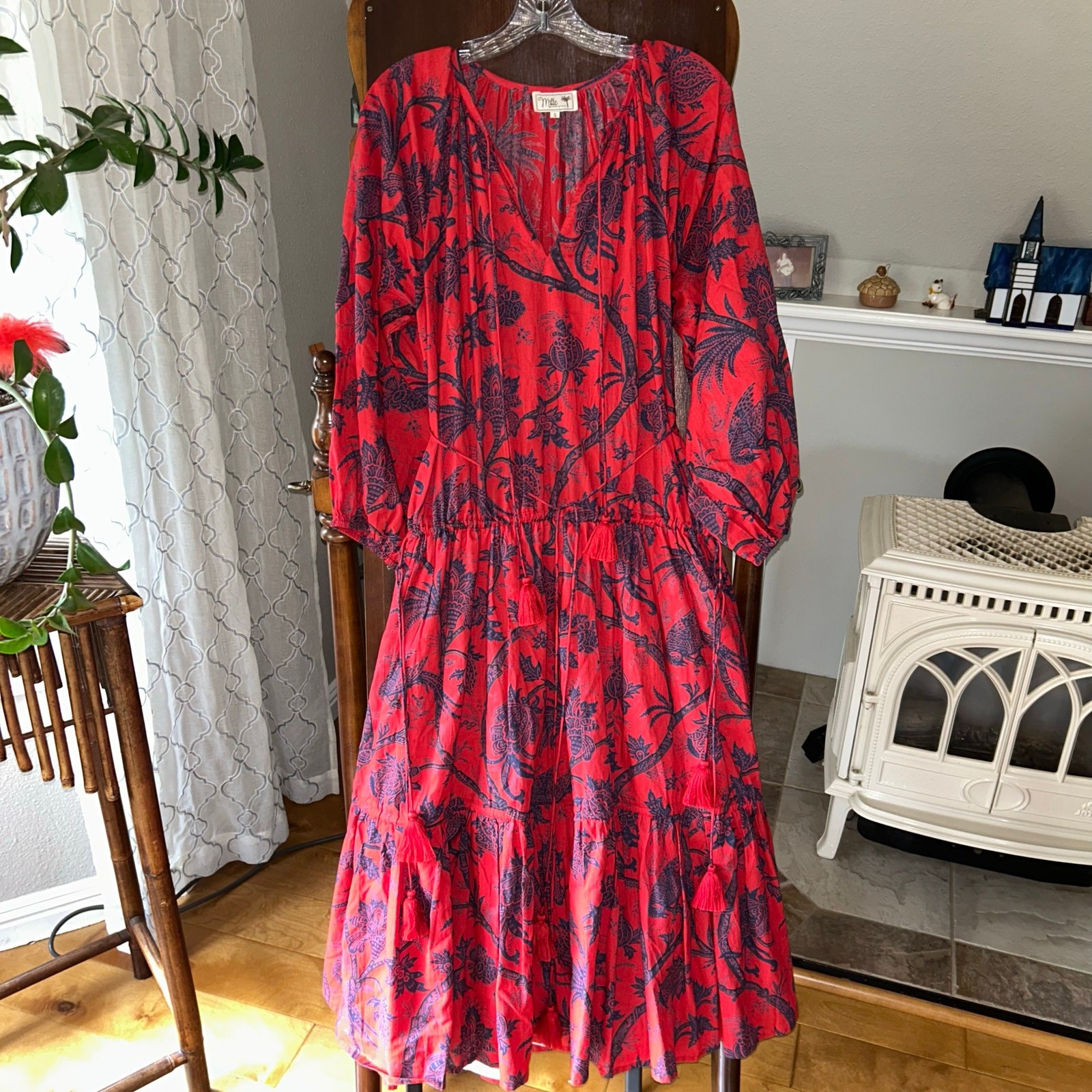 Mille Travel & Resort Maxi Dress Red blue floral Cotton long sleeve small boho