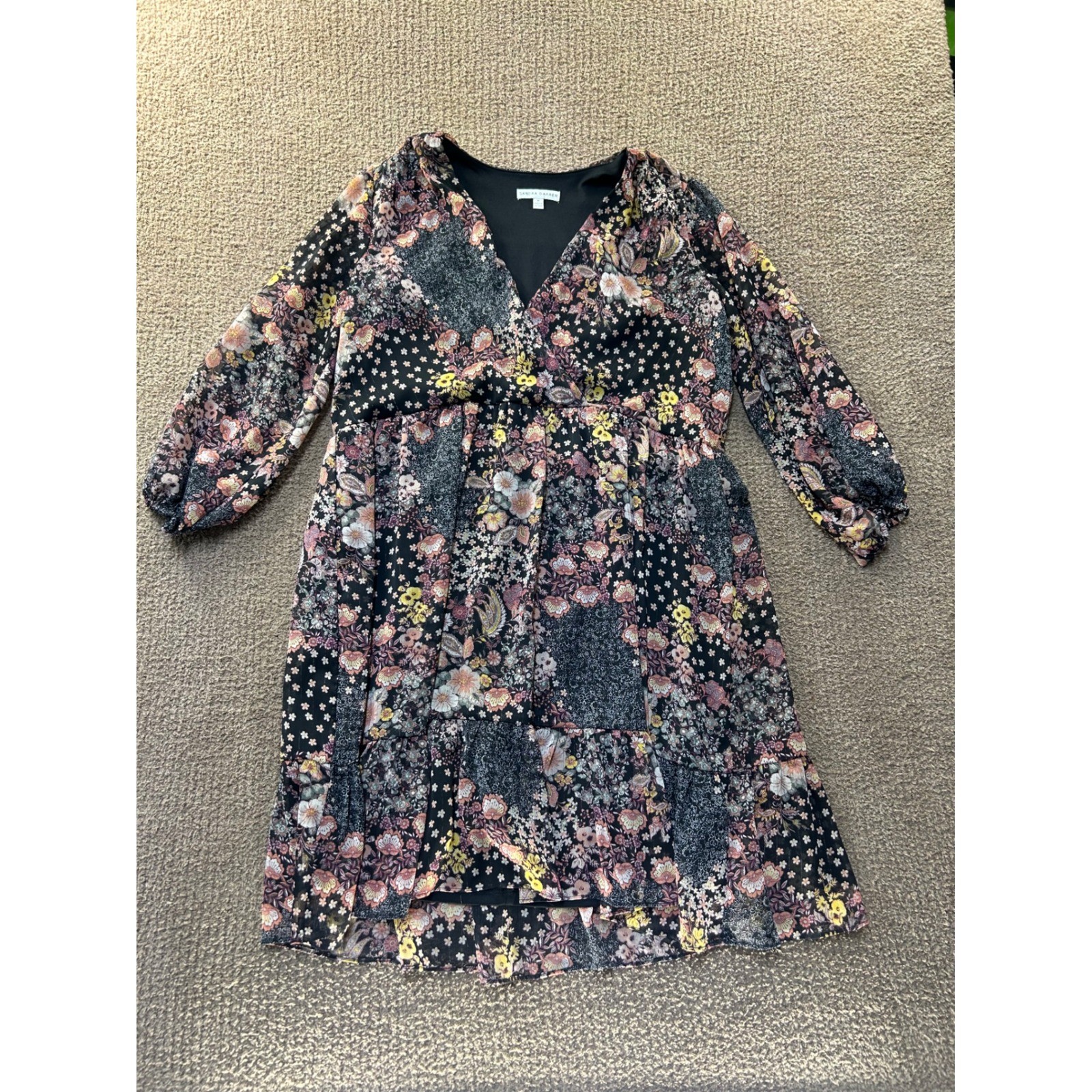 Sandra Darren Floral Patchwork Faux Wrap Tiered Chiffon Dress Black Multi M