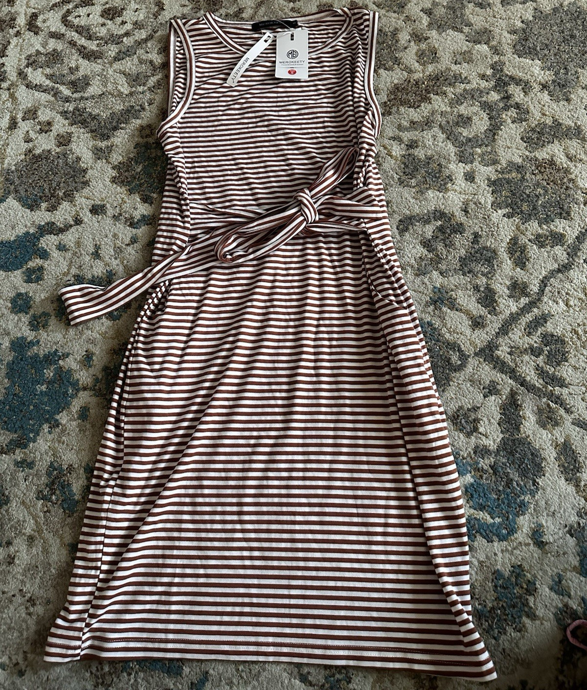 MEROKEETY Women’s S Brown White Striped Sleeveless Belted A-Line Dress